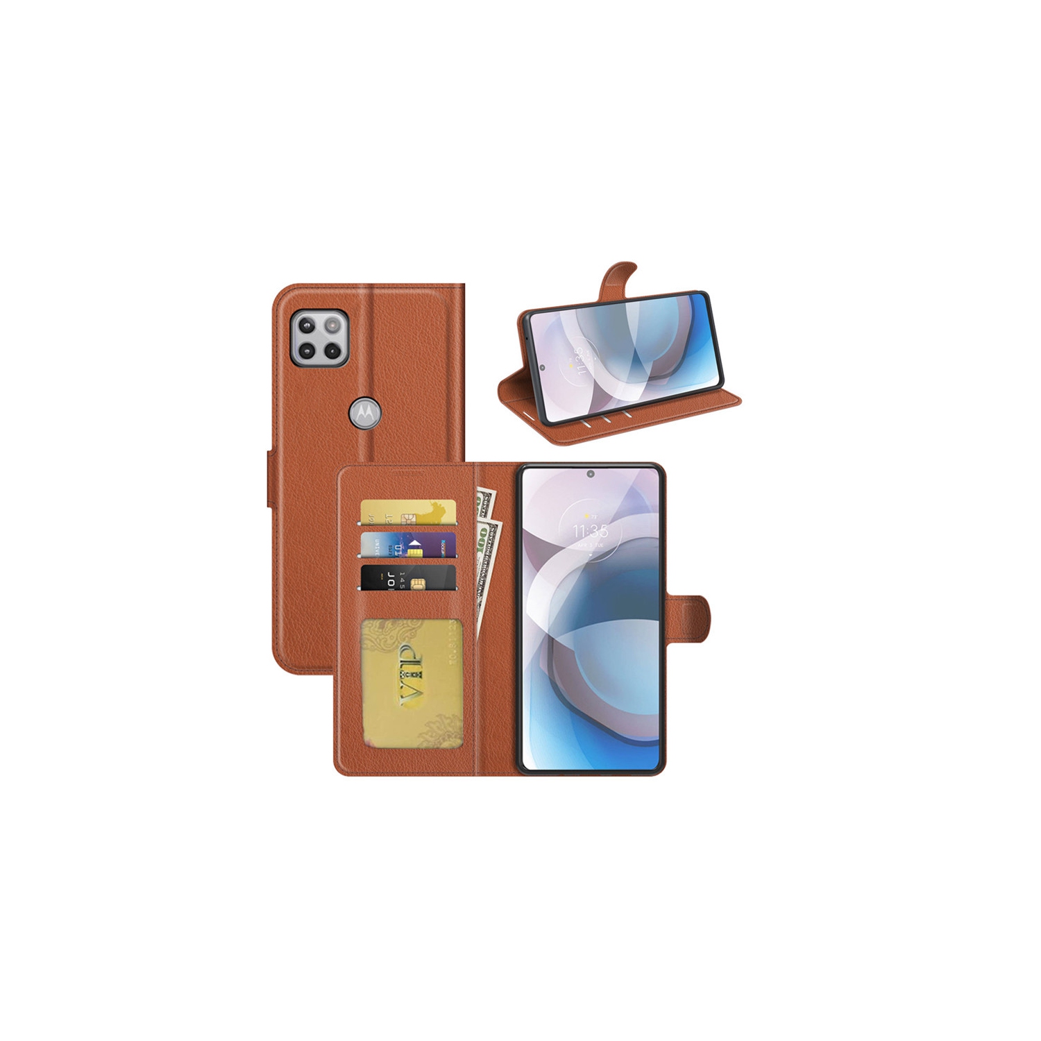 [CS] Motorola Moto One 5G Ace Case, Magnetic Leather Folio Wallet Flip Case Cover with Card Slot, Brown