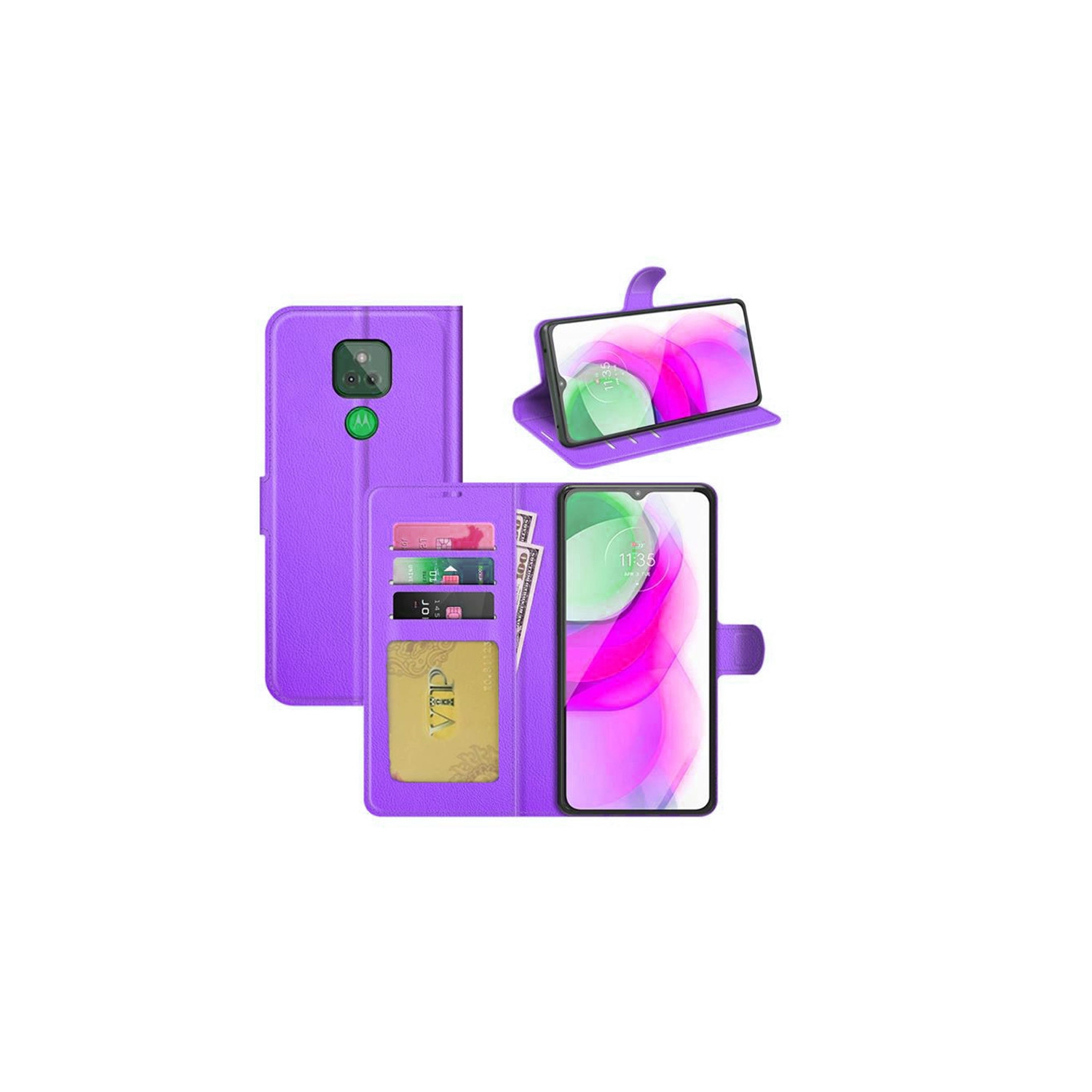 【CSmart】 Magnetic Card Slot Leather Folio Wallet Flip Case Cover for Motorola Moto G Play 2021, Purple