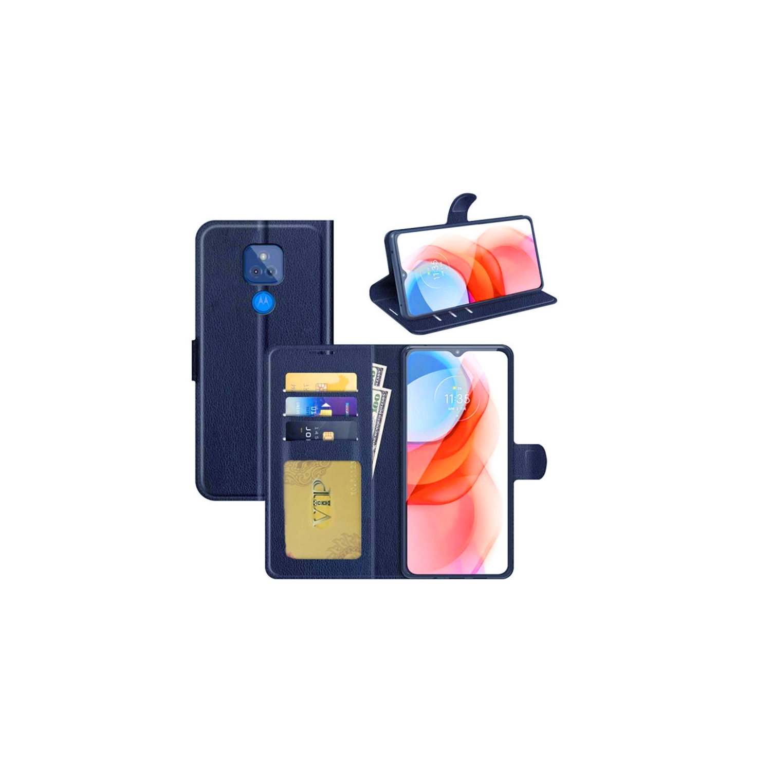 【CSmart】 Magnetic Card Slot Leather Folio Wallet Flip Case Cover for Motorola Moto G Play 2021, Navy