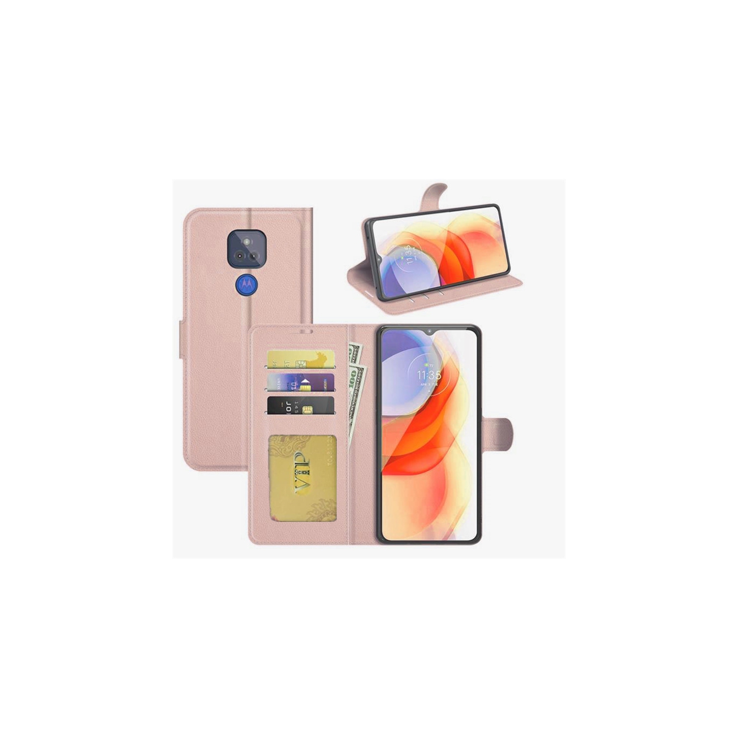 【CSmart】 Magnetic Card Slot Leather Folio Wallet Flip Case Cover for Motorola Moto G Play 2021, Rose Gold