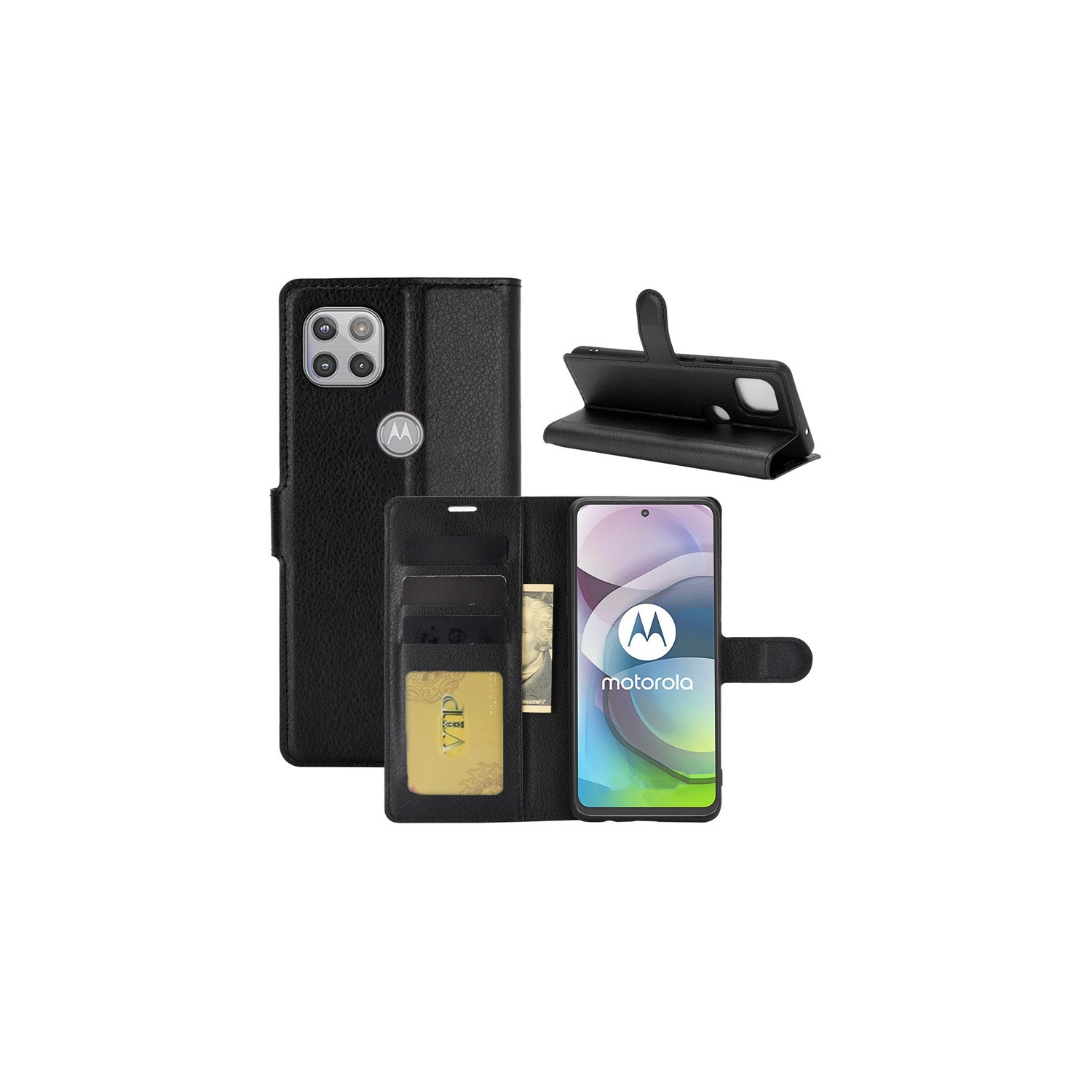 [CS] Motorola Moto One 5G Ace Case, Magnetic Leather Folio Wallet Flip Case Cover with Card Slot, Black