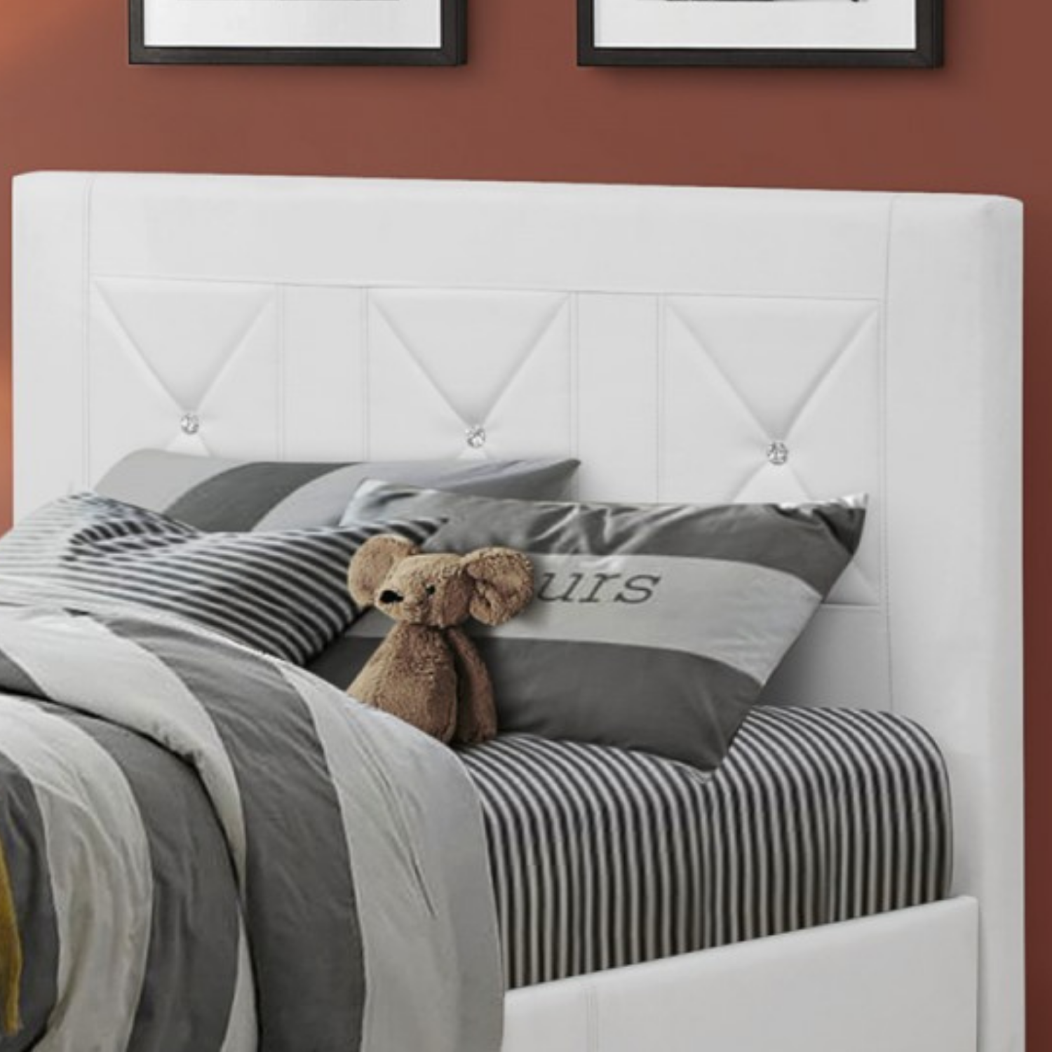 Aerys Crystal Tufted Upholstered Platform Bed with Wood Slat Support, Queen Bed Frame in White