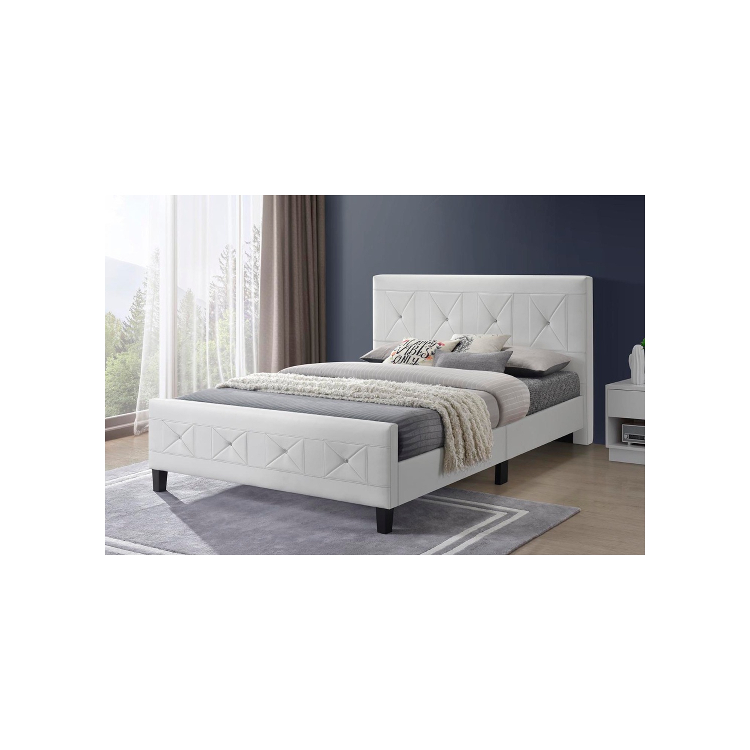 Aerys Crystal Tufted Upholstered Platform Bed with Wood Slat Support, Double Full Bed Frame in White