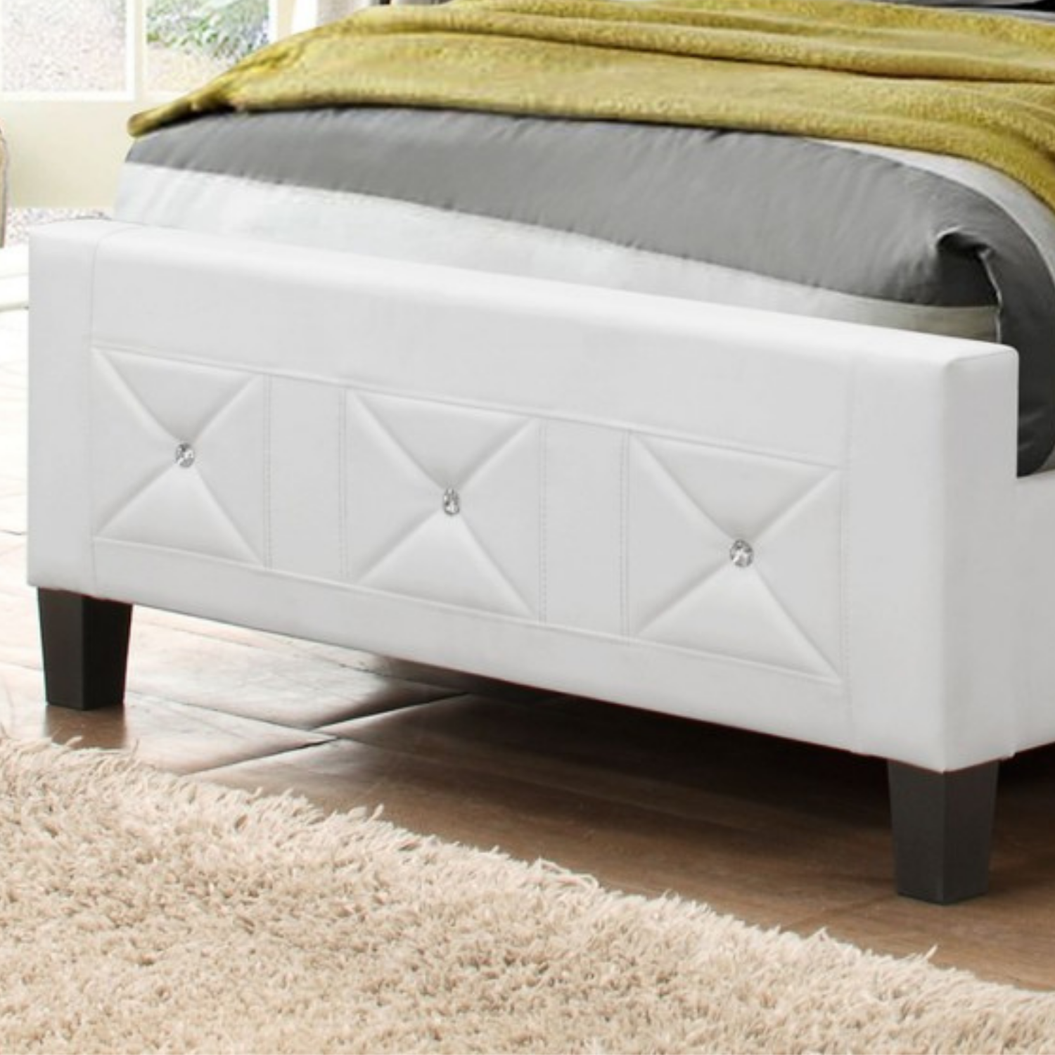 Aerys Crystal Tufted Upholstered Platform Bed with Wood Slat Support, Double Full Bed Frame in White