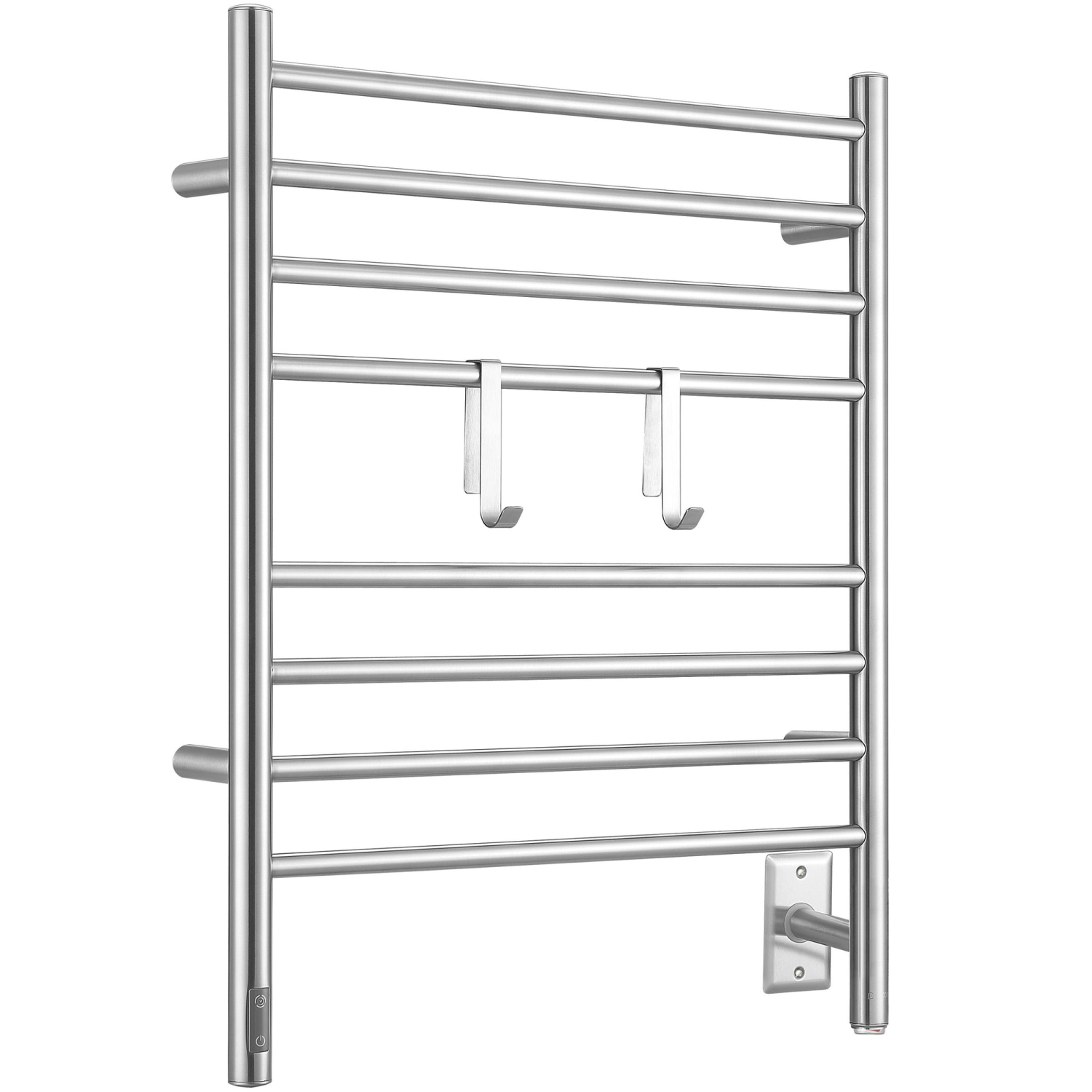 Ancona Prestige OBT 8-Bar Wall Mounted Towel Warmer with Integrated On-Board Timer and Hooks in Brushed Stainless Steel