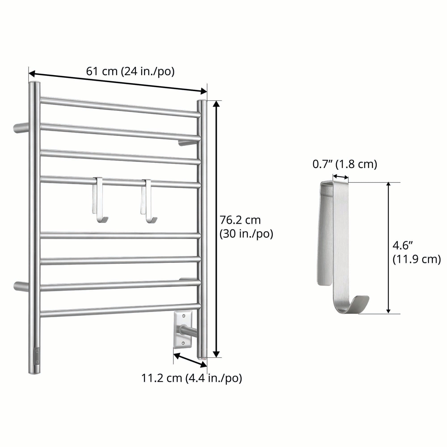 Ancona Prestige OBT 8-Bar Wall Mounted Towel Warmer with Integrated On-Board Timer and Hooks in Brushed Stainless Steel
