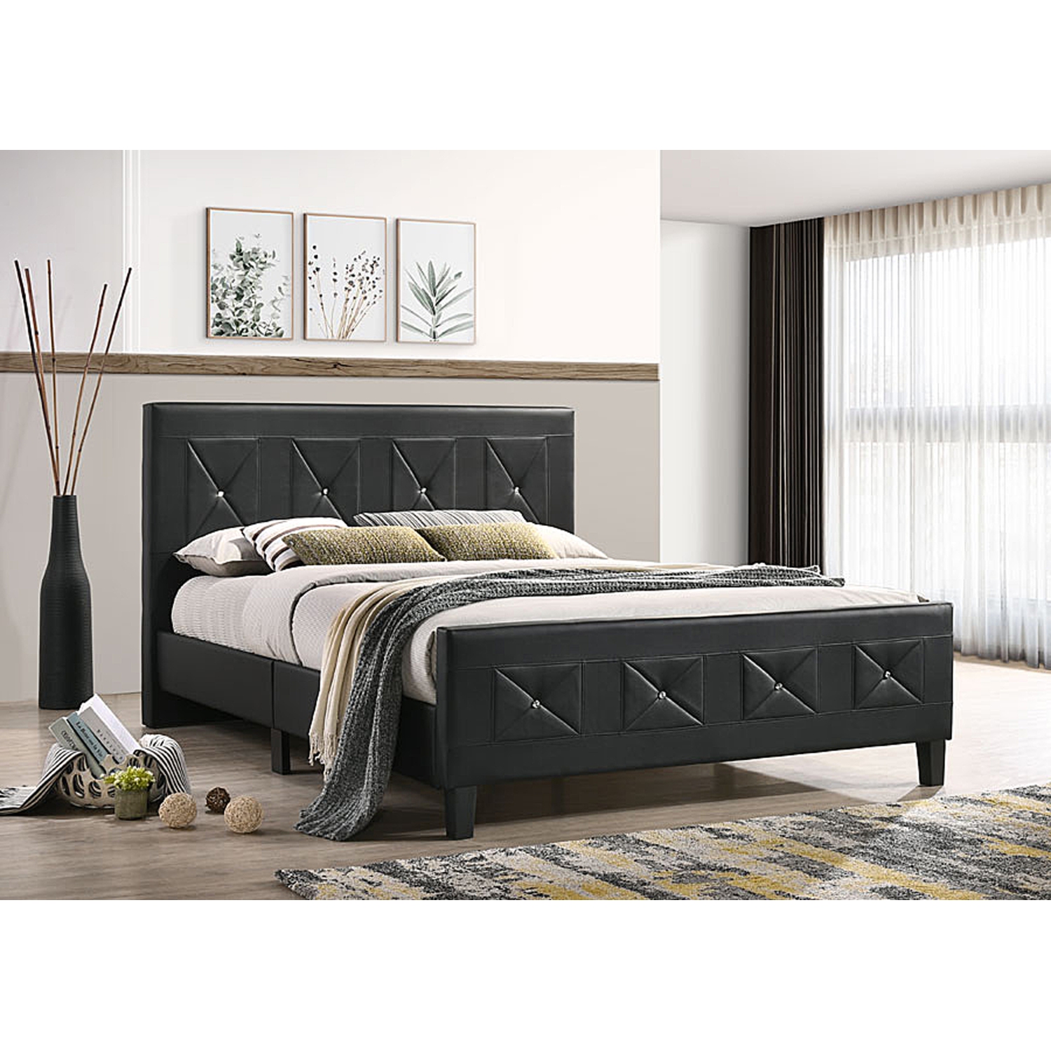 Aerys Crystal Tufted Upholstered Platform Bed with Wood Slat Support, Queen Bed Frame in Black