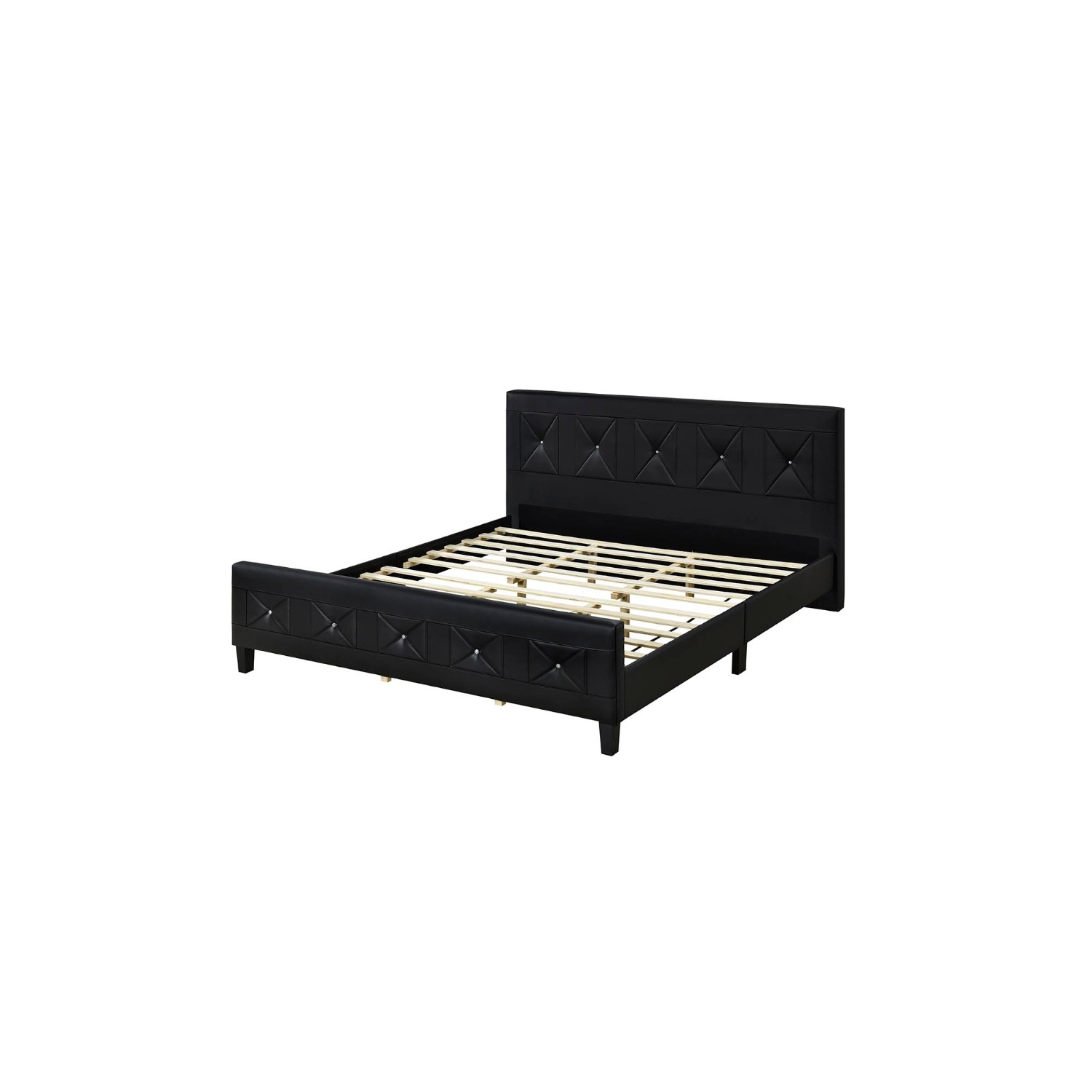 Aerys Crystal Tufted Upholstered Platform Bed with Wood Slat Support, Queen Bed Frame in Black
