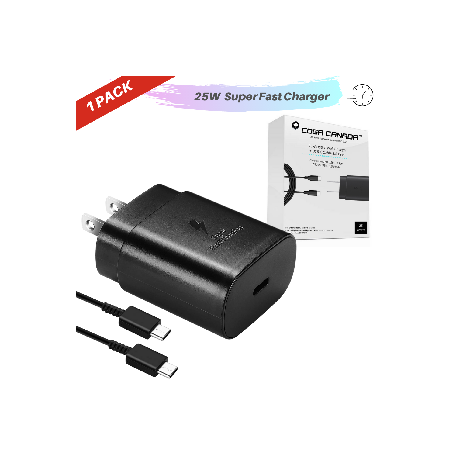 COGA Canada - 25W Super Fast Wall Charger + USB-C 3.5 Cable Samsung Galaxy S20/S21/S21+/S21Ultra/S10 5G /Note 10/Note 10 Plus/Note 20/S9 S8/S10e,iPad Pro 12.9/11,Google Pixel 3a 4 3 2 XL