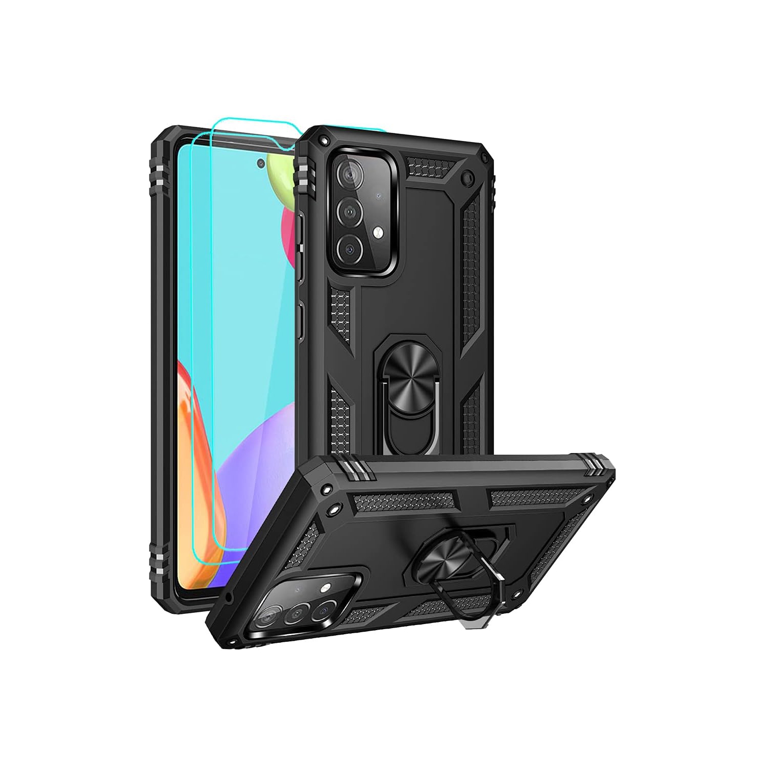 Samsung A52 Case, Galaxy A52 Case with HD Screen Protector, Androgate Military-Grade Ring Holder Kickstand Car Mount 15ft Drop Tested Shockproof Cover Phone Case