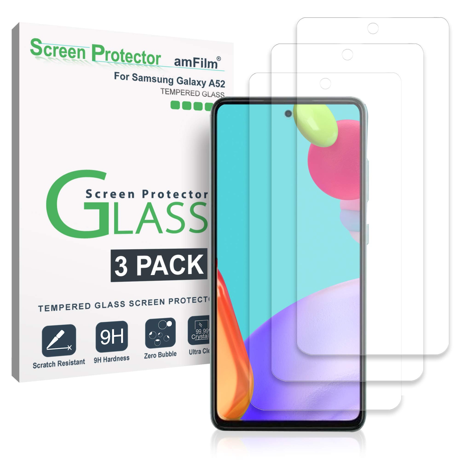 (3 Pack) amFilm Tempered Glass Screen Protector for Samsung Galaxy A52/ S20 FE 6.5'' with Easy Installation Handles, HD Clea