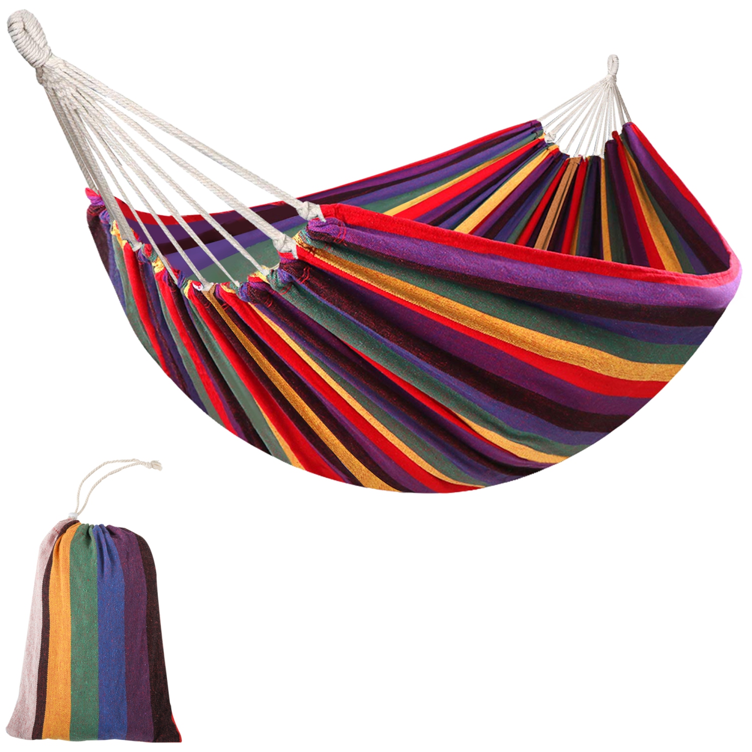 Outsunny 114" Outdoor Hammock, Extra Large Brazilian Style Hammock Cotton, Portable Hanging Camping Bed for Patio Backyard Lounging w/ Carrying Bag, Rainbow Stripe, Multi-colour