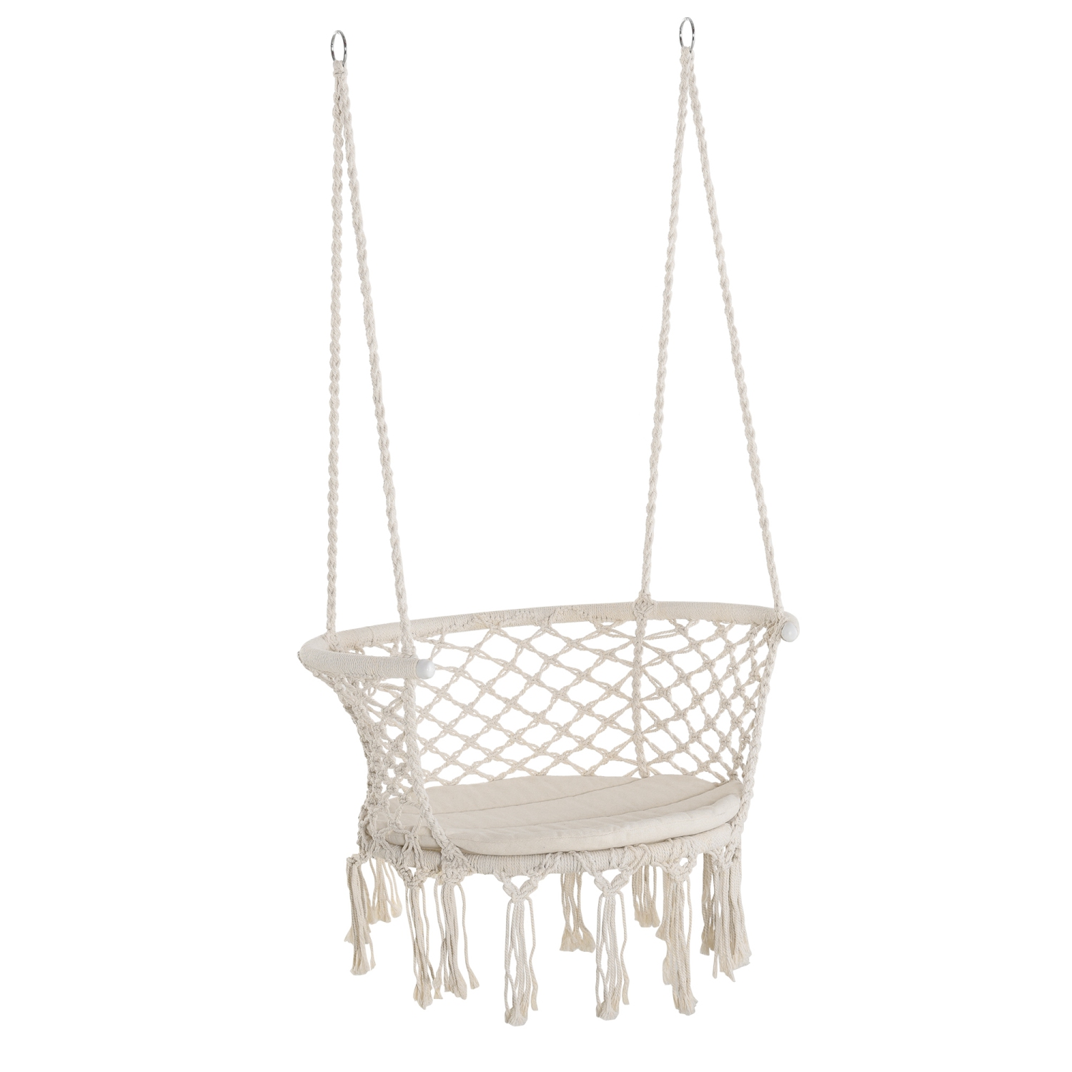 Outsunny Hanging Hammock Chair, Cotton Rope Porch Hammock Swing with Metal Frame and Cushion, Large Macrame Seat for Patio, Garden, Bedroom, Living Room, Cream White