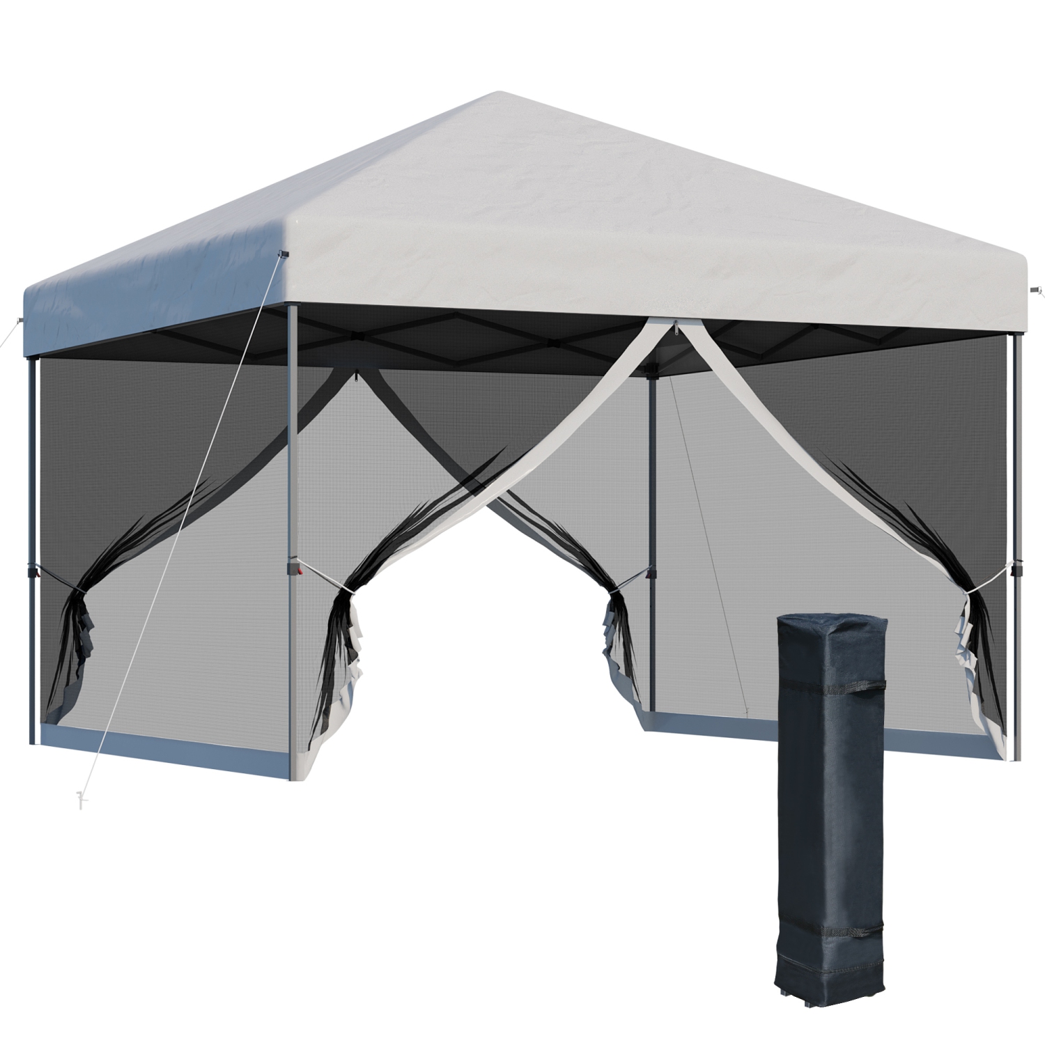 Outsunny 10' x 10' Pop-Up Canopy Tent Outdoor Party Tent with Mesh Sidewalls, 3-Level Adjustable Height, Roller Bag, Silver
