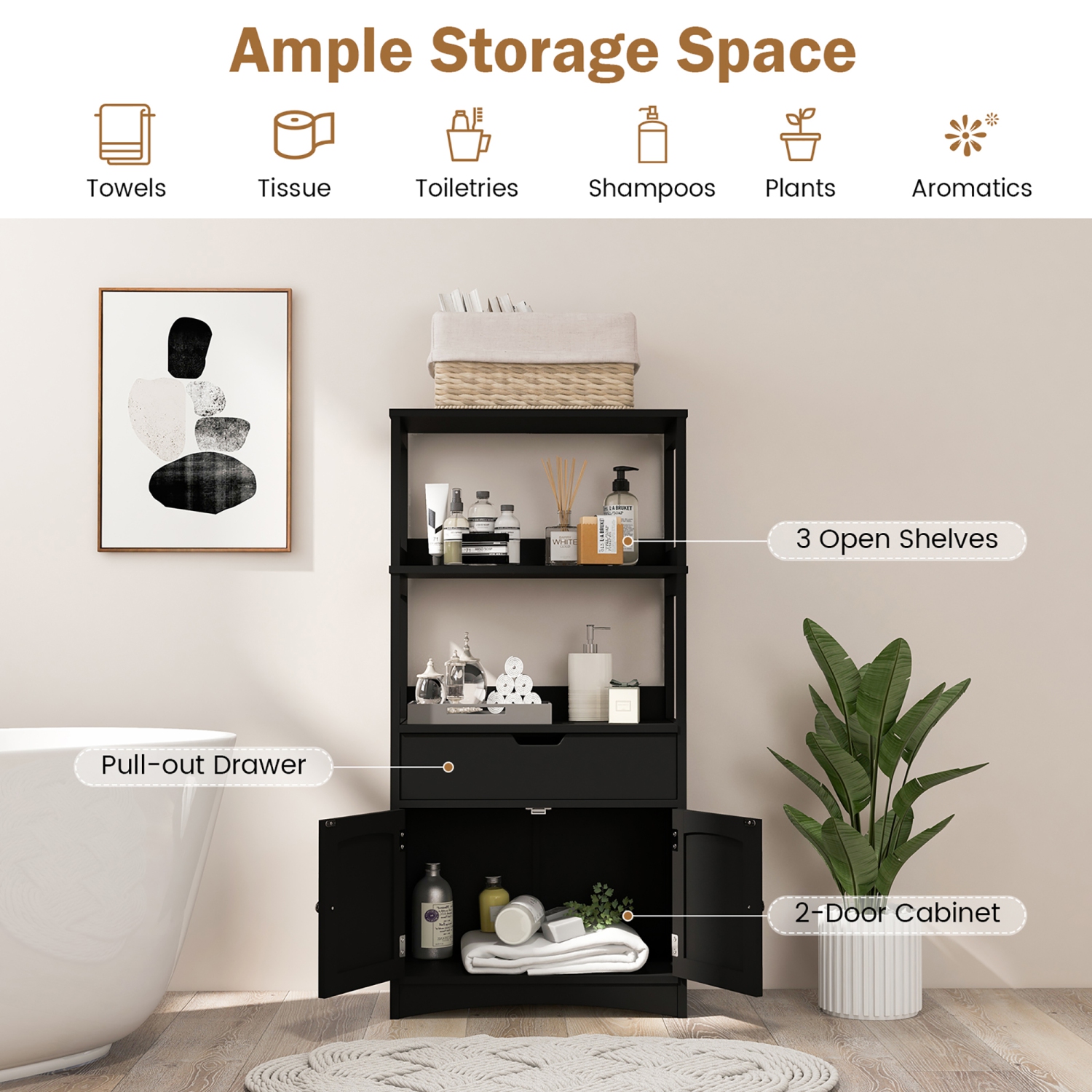 Gymax Armoire de rangement de Salon,Salle de Bain avec Étagère à Tiroirs