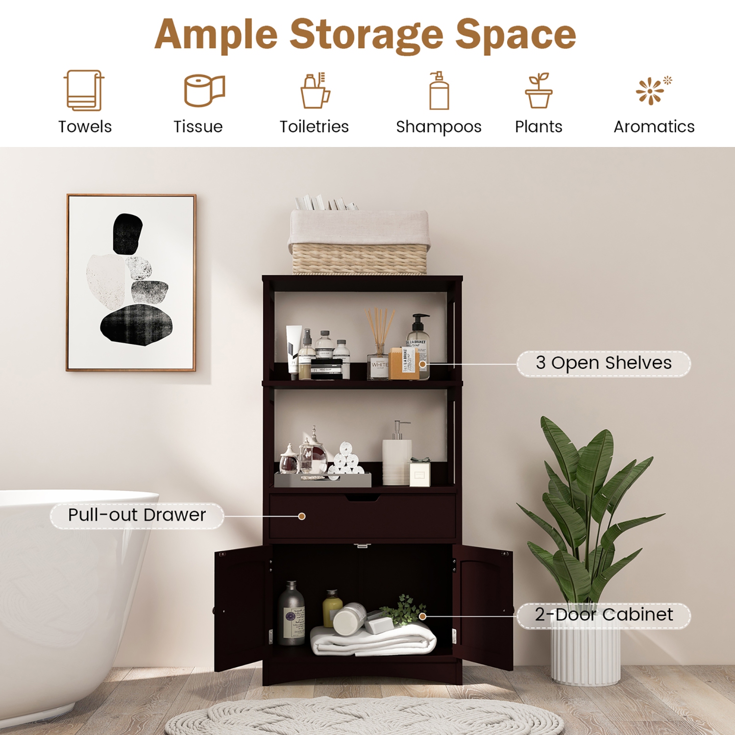 Gymax Armoire de rangement de Salon,Salle de Bain avec Étagère à Tiroirs