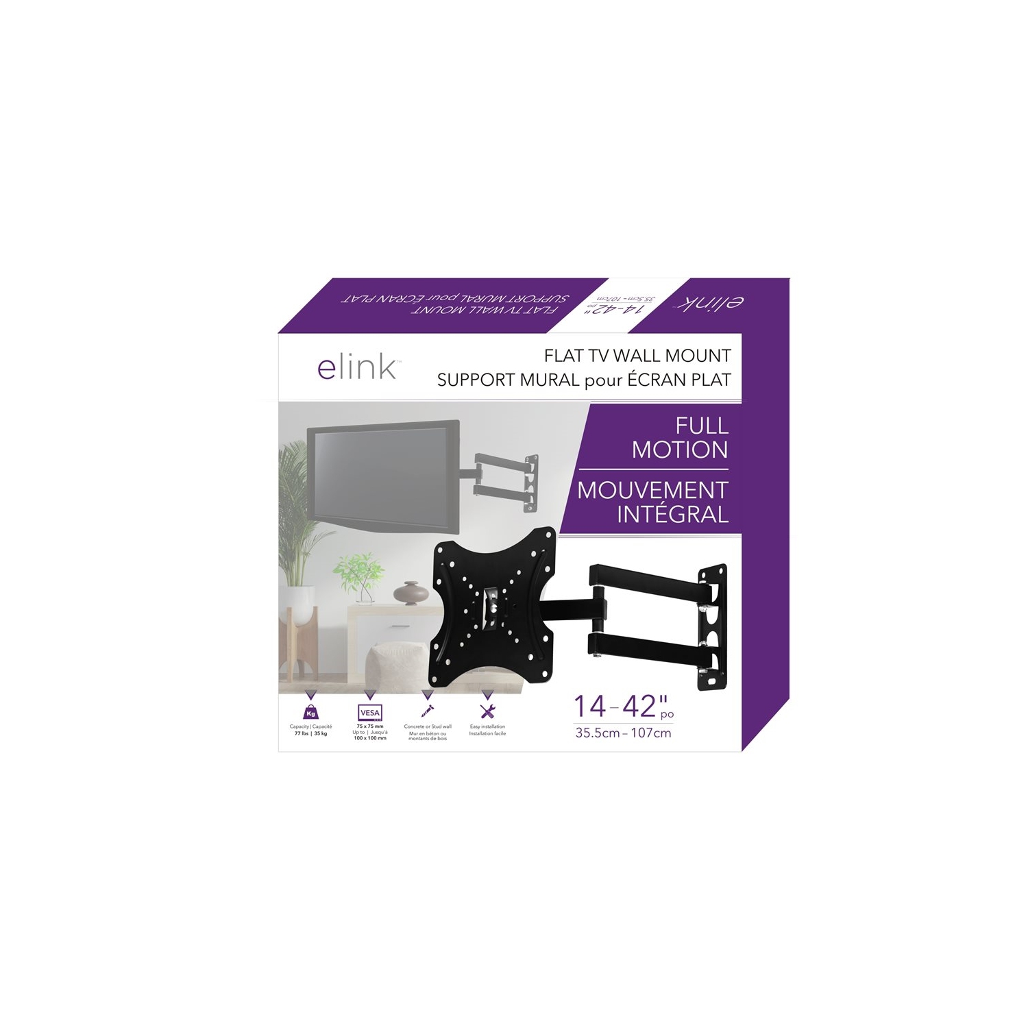 Elink CV995 - Support Mural avec 1 Bras Articulé pour Téléviseur de 14'' à 42'', VESA Maximum 100 x 100, Noir