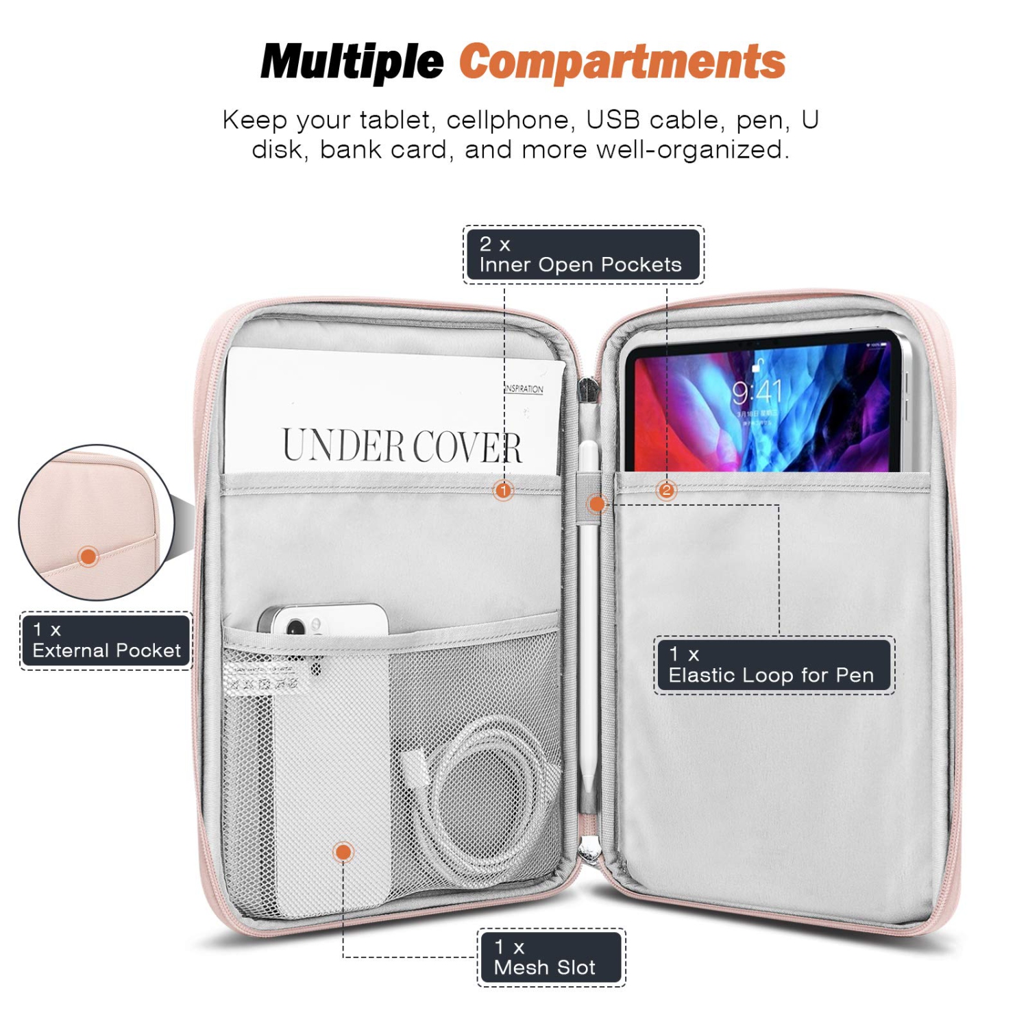 Housse pour tablette de 9-11 po, étui de transport avec pochette pour iPad Pro 11 2021/2020/2018, iPad 8