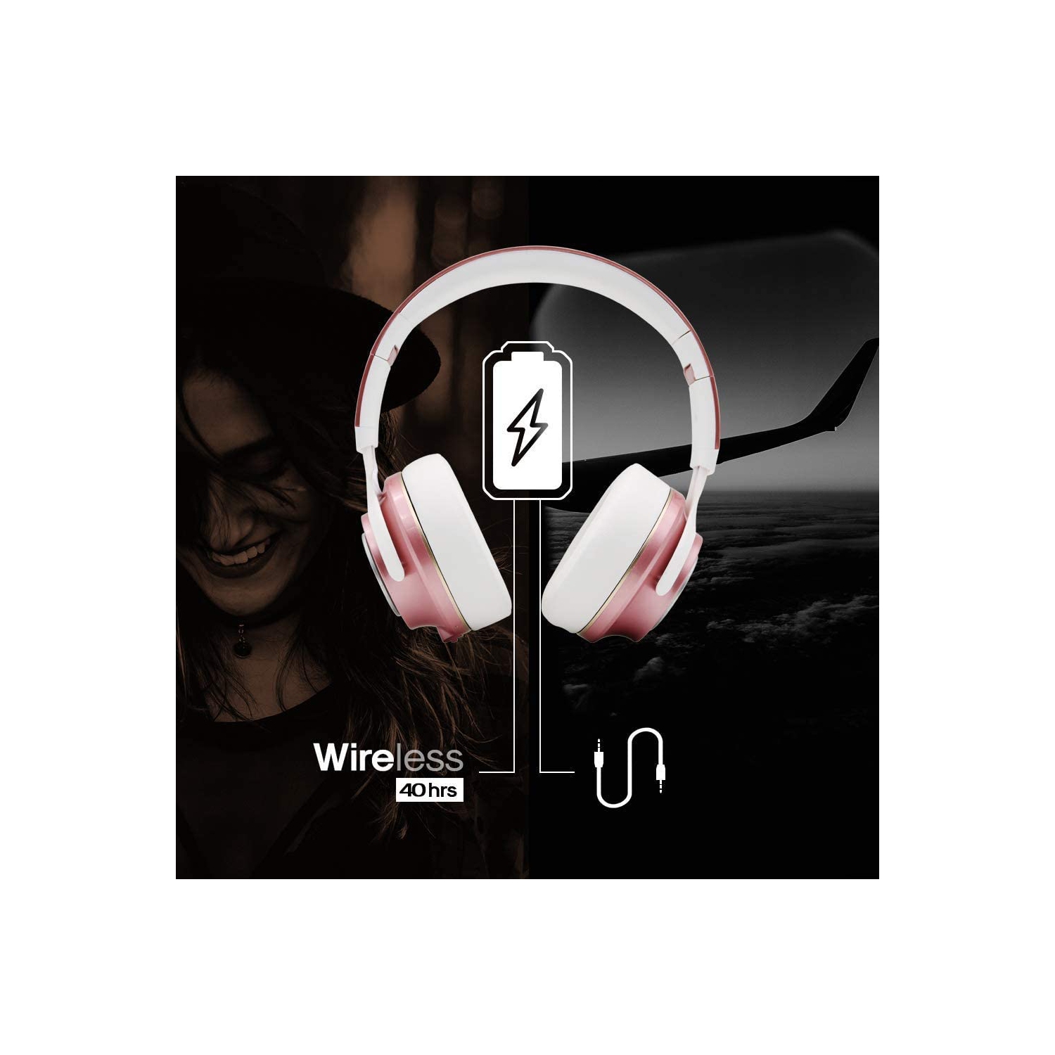 Casque d'écoute sans fil Bluetooth [40h Playtime, Bluetooth 5,0] Casque d'écoute stéréo sans fil/avec fil pliable avec micro Deep Bass pour