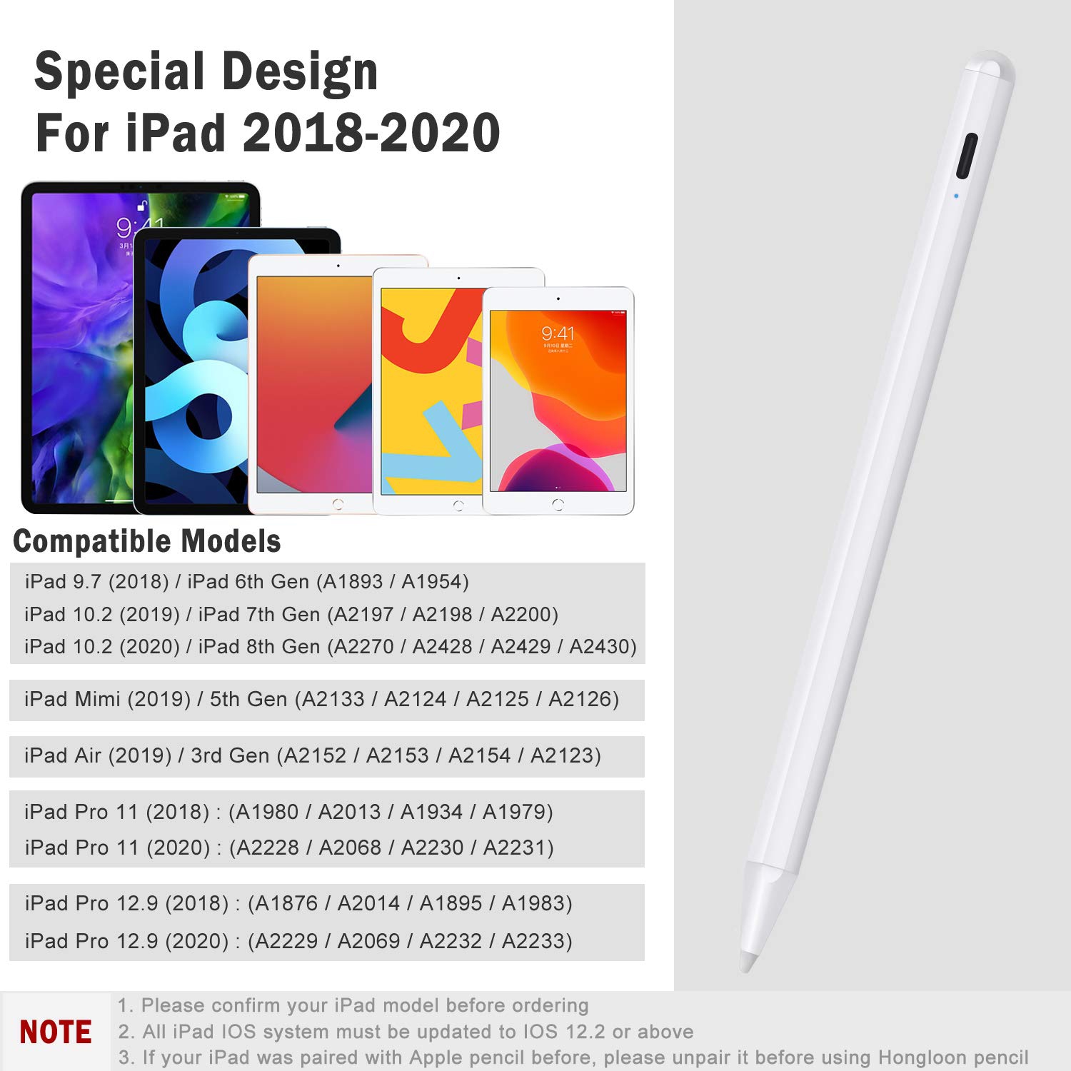 Stylus Pen for iPad with Palm Rejection, Active Stylus Pencil Compatible with Apple iPad Pro 11/12.9 Inch, iPad