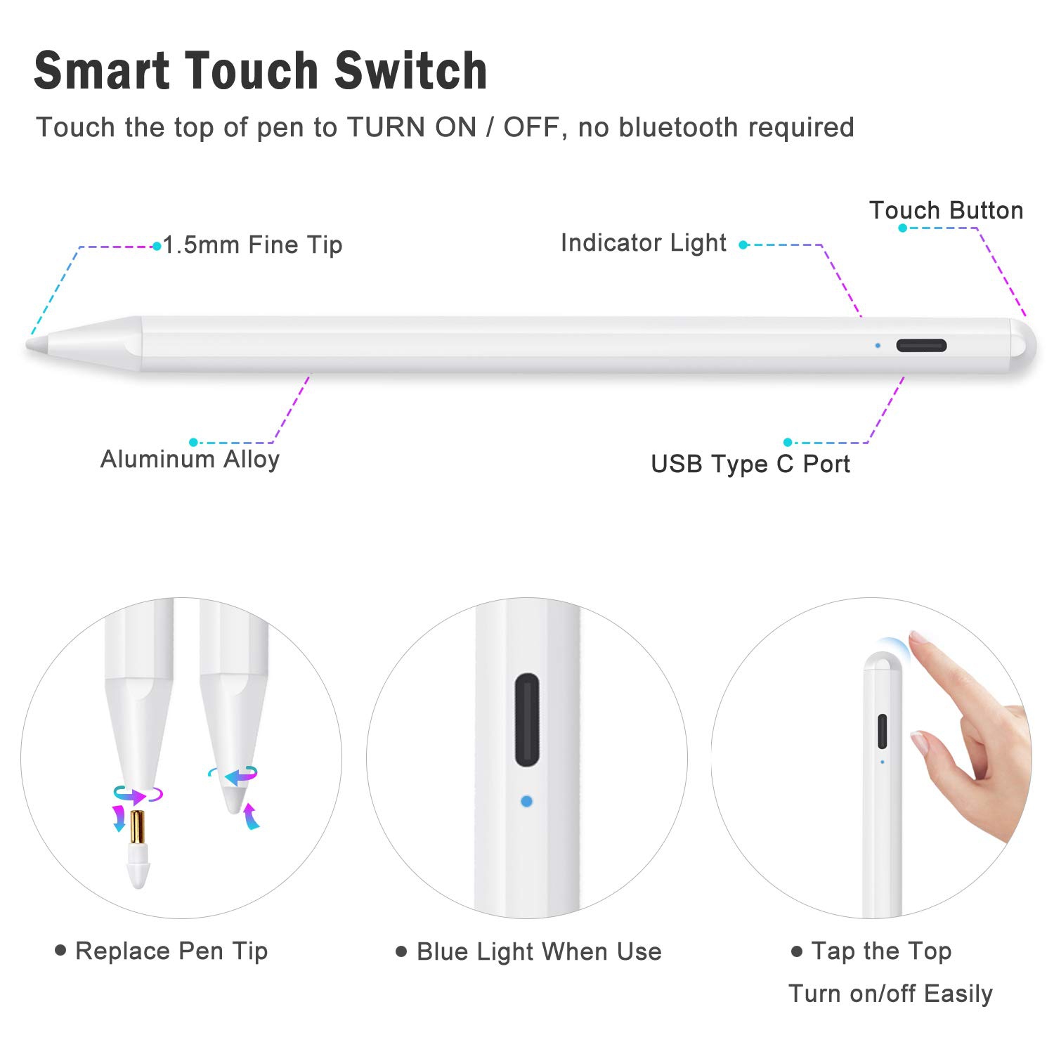 Stylus Pen for iPad with Palm Rejection, Active Stylus Pencil Compatible with Apple iPad Pro 11/12.9 Inch, iPad
