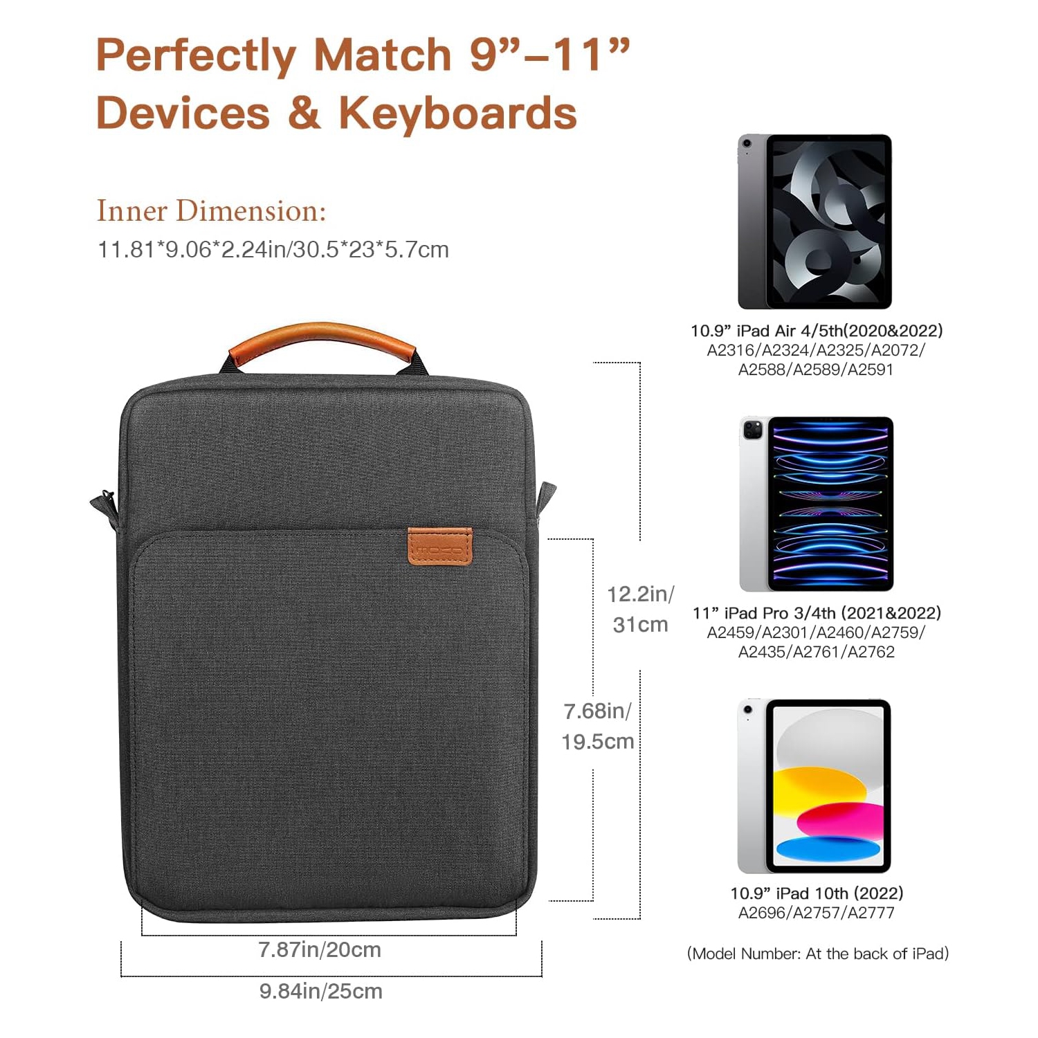 9-11 Inch Tablet Sleeve Bag Case with Handle & Shoulder Strap for 11-inch iPad Pro M4, iPad Air M2/5/4, iPad 10th/9/8/7th, iPad 10.2/10.9, Galaxy Tab