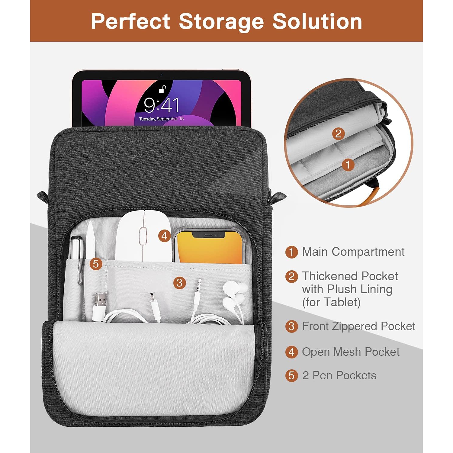 9-11 Inch Tablet Sleeve Bag Case with Handle & Shoulder Strap for 11-inch iPad Pro M4, iPad Air M2/5/4, iPad 10th/9/8/7th, iPad 10.2/10.9, Galaxy Tab