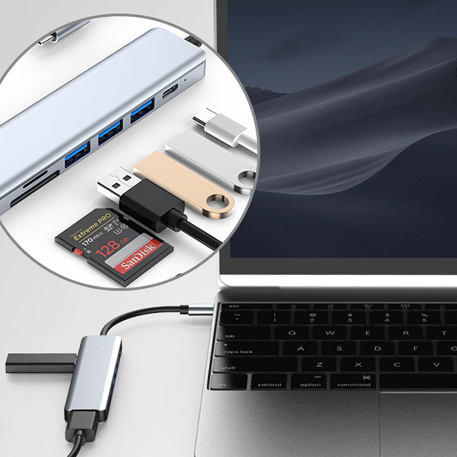 Adaptateur concentrateur pour Macbook Pro / air, Usb-C 6 en 1 Accessoires  compatibles avec Macbook Pro avec 3 ports USB, lecteur de carte TF / SD-yky