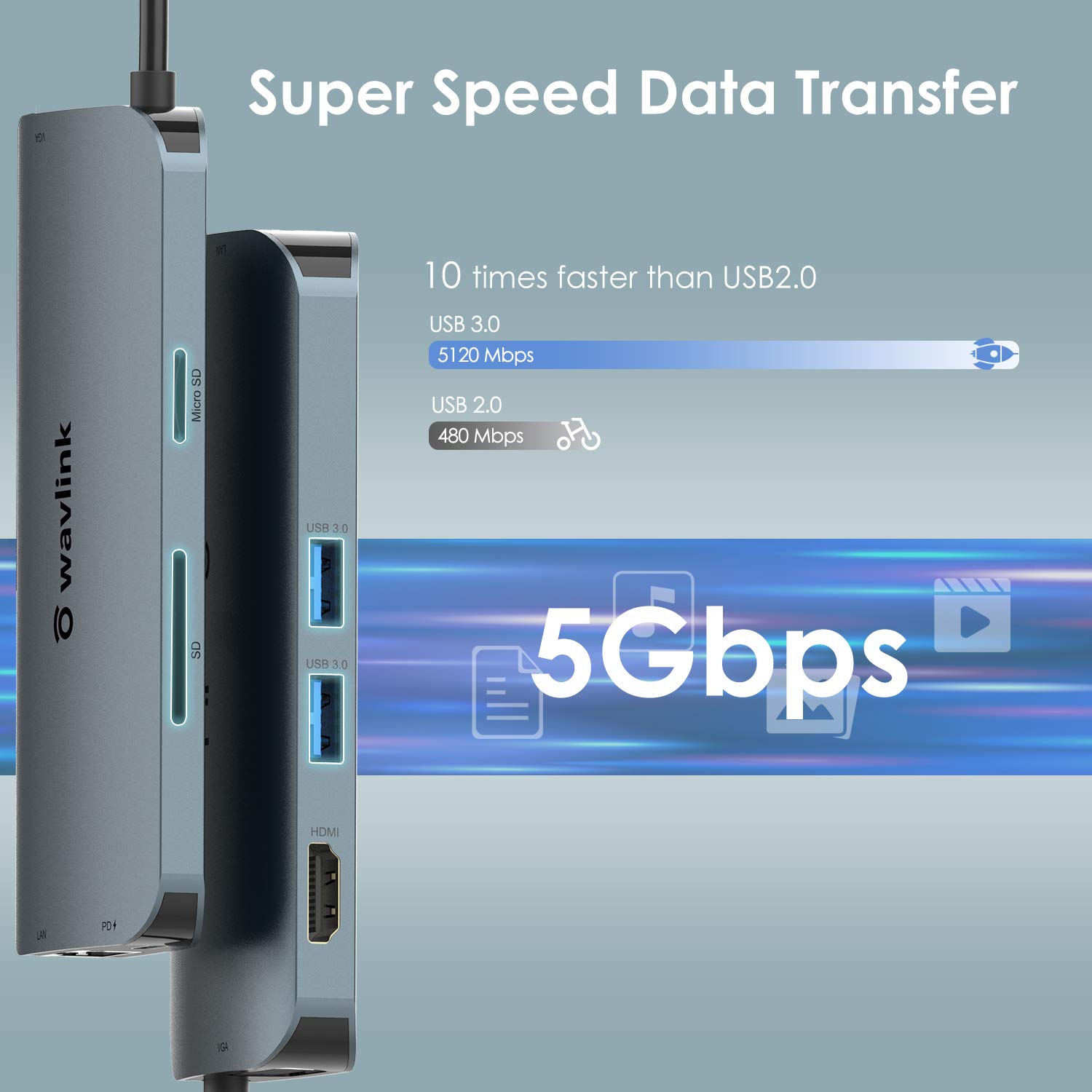 USB C Hub Mini Dock, Wavlink USB C Adapter with 4K HDMI, VGA, Ethernet, 2 USB 3.0 Ports,SD Card Reader with 65W PD3.0 Chargi