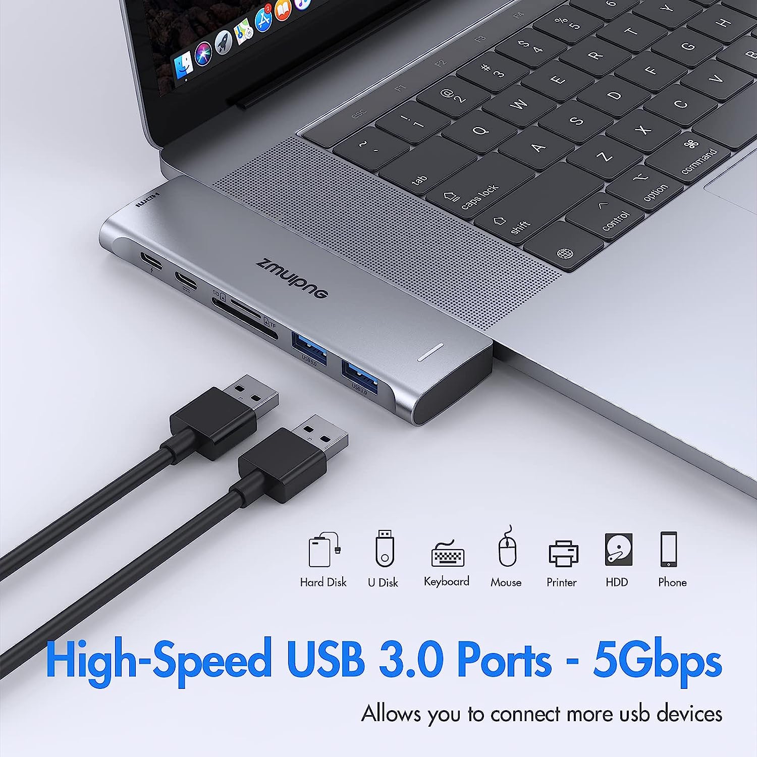 USB C Hub, MacBook Pro Adapter with 4K HDMI, Thunderbolt 3 100W Power Delivery Port, USB C 5Gbps Data Port,SD/TF Card Reader,2 USB 3.0 Ports for