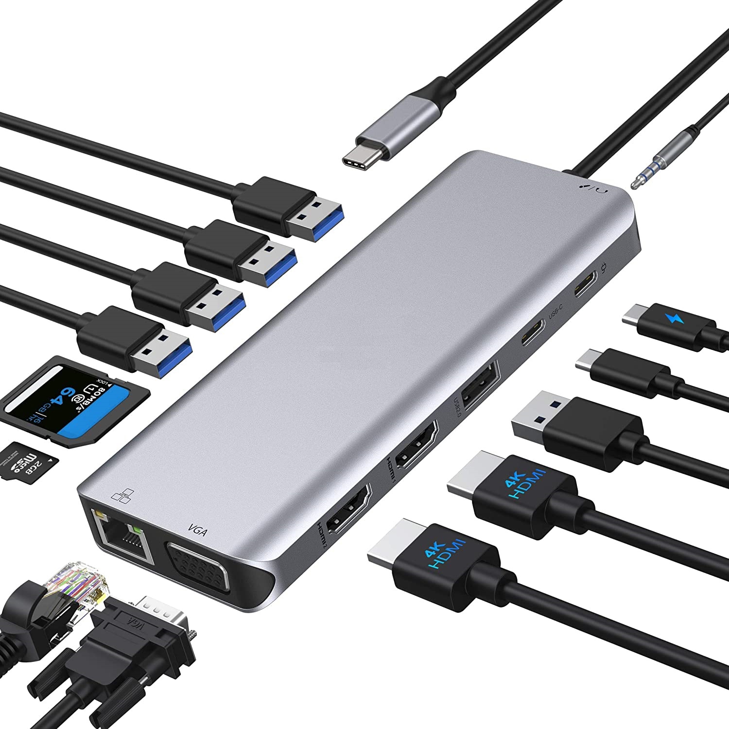14 in 1 USB C Hub and Docking Station with Two 4K HDMI ,Ethernet, VGA, 4xUSB 3.0, 1xUSB 2.0 & SD Card Reader Compatible With Thunderbolt 3 and Type C