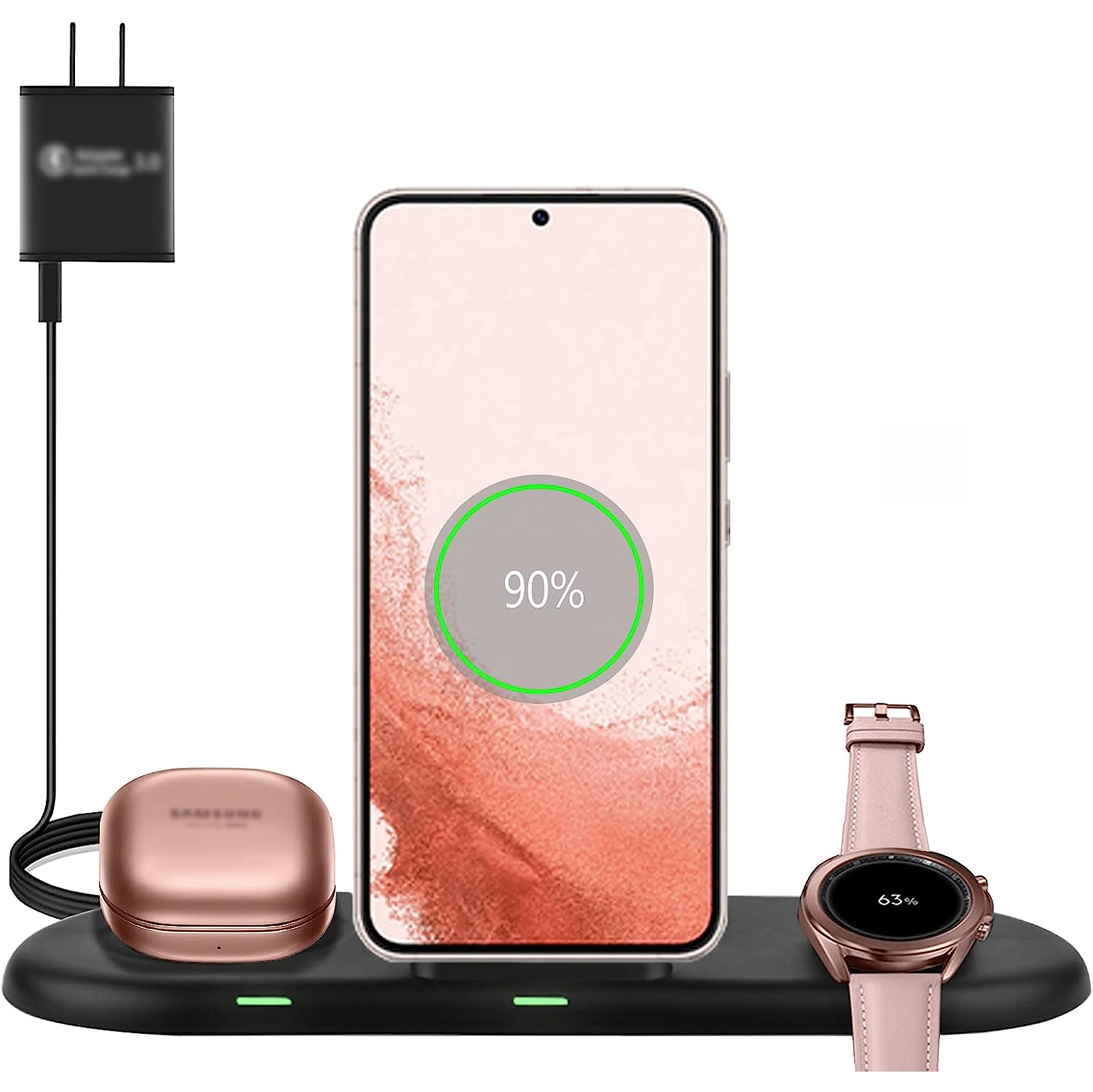 Wireless Charging Station 3 in 1, Fast Wireless Charger for Samsung Galaxy Watch 4, Active 2 Series and Galaxy Buds Series, Phone Charger Stand Dock for Samsung Galaxy S21 S10 Note