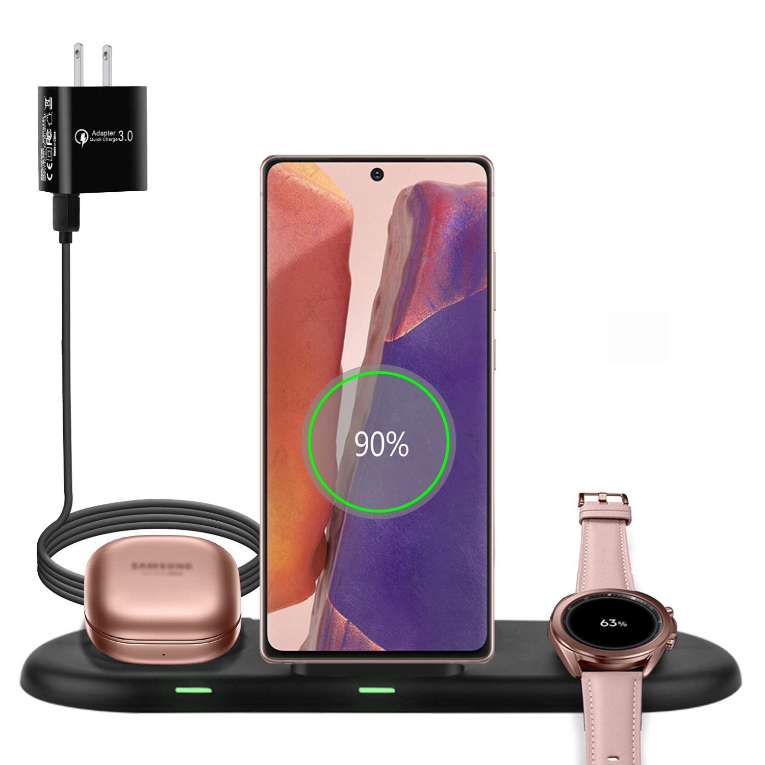 Wireless Charging Station 3 in 1, Fast Wireless Charger for Samsung Galaxy Watch, Active Series and Galaxy Buds Series, Phon