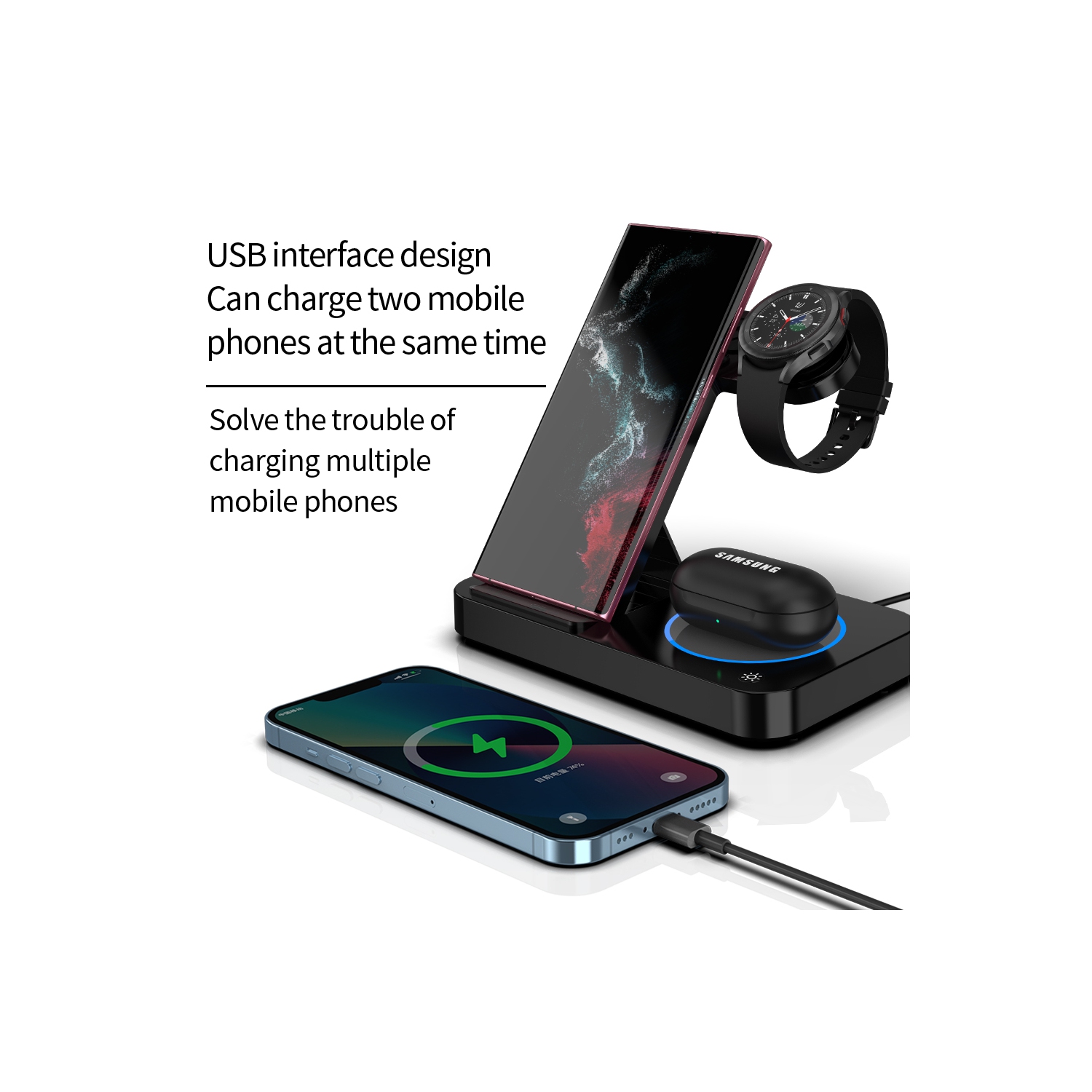 15W 3-in-1 Wireless Charger for iPhone 17–11, Galaxy Z Fold/Flip 6, S24–S20, Galaxy Watch 6/5Pro/4/Classic, Buds Pro/Live/Plus, AirPods Pro/4/3/2 &