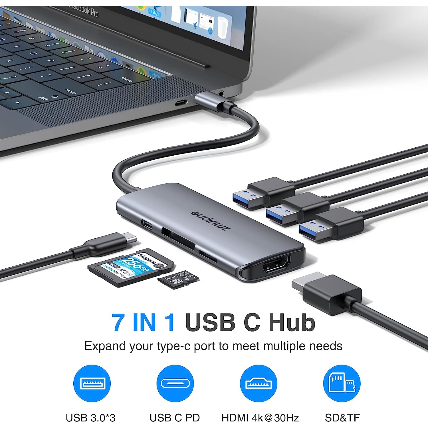 Adaptateur de concentrateur USB-C pour MacBook Pro 2020/2019/2018/2017, MacBook Air 2018-2020 et plus encore avec 4K ports HDMI, 3 ports USB 3,0,