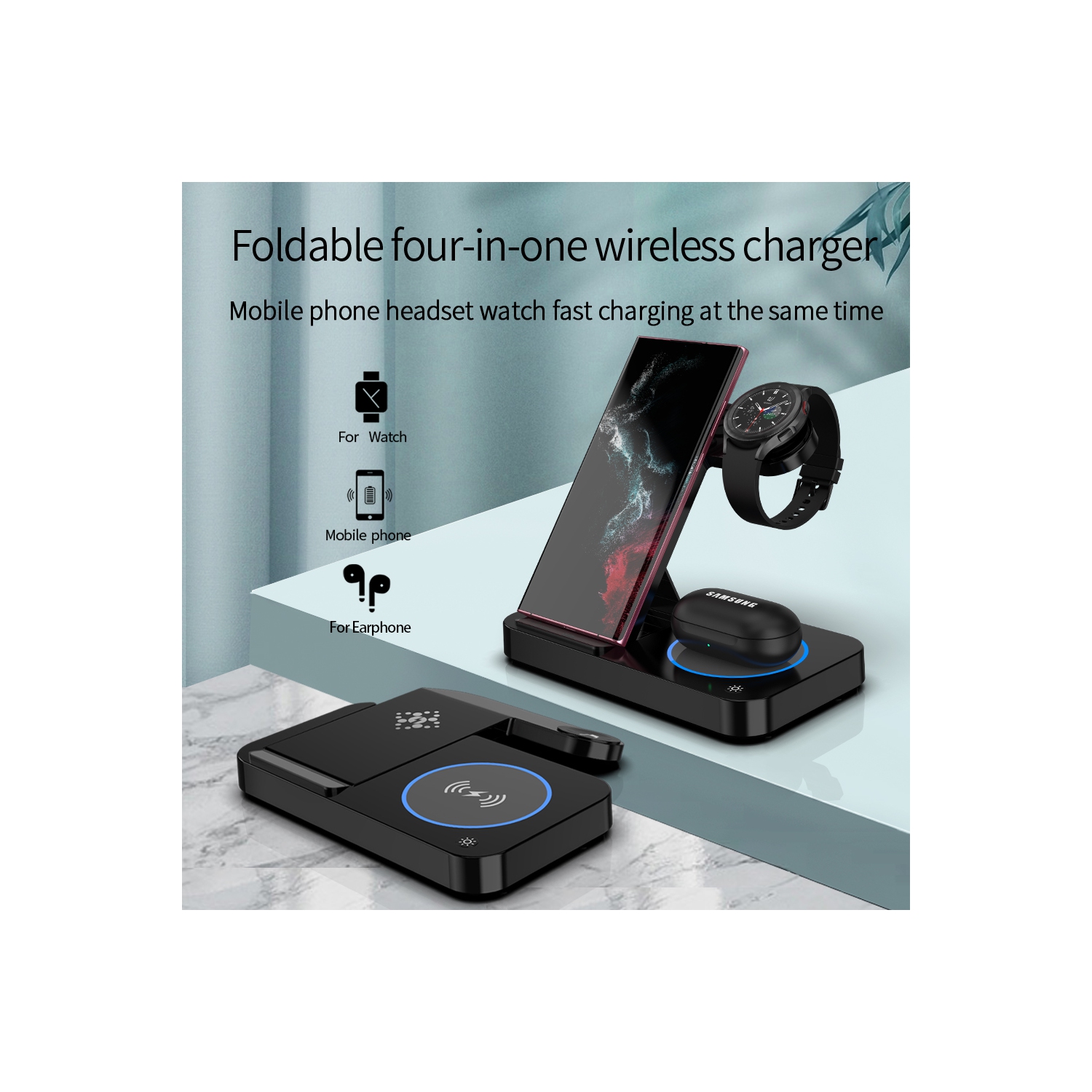 15W 3-in-1 Foldable Wireless Charger for iPhone 17/16/15/ to 11 Galaxy S25,S24–S20, Z Fold/Flip, Galaxy Watch 8/76/5 Pro/4/3/Active, Buds 2