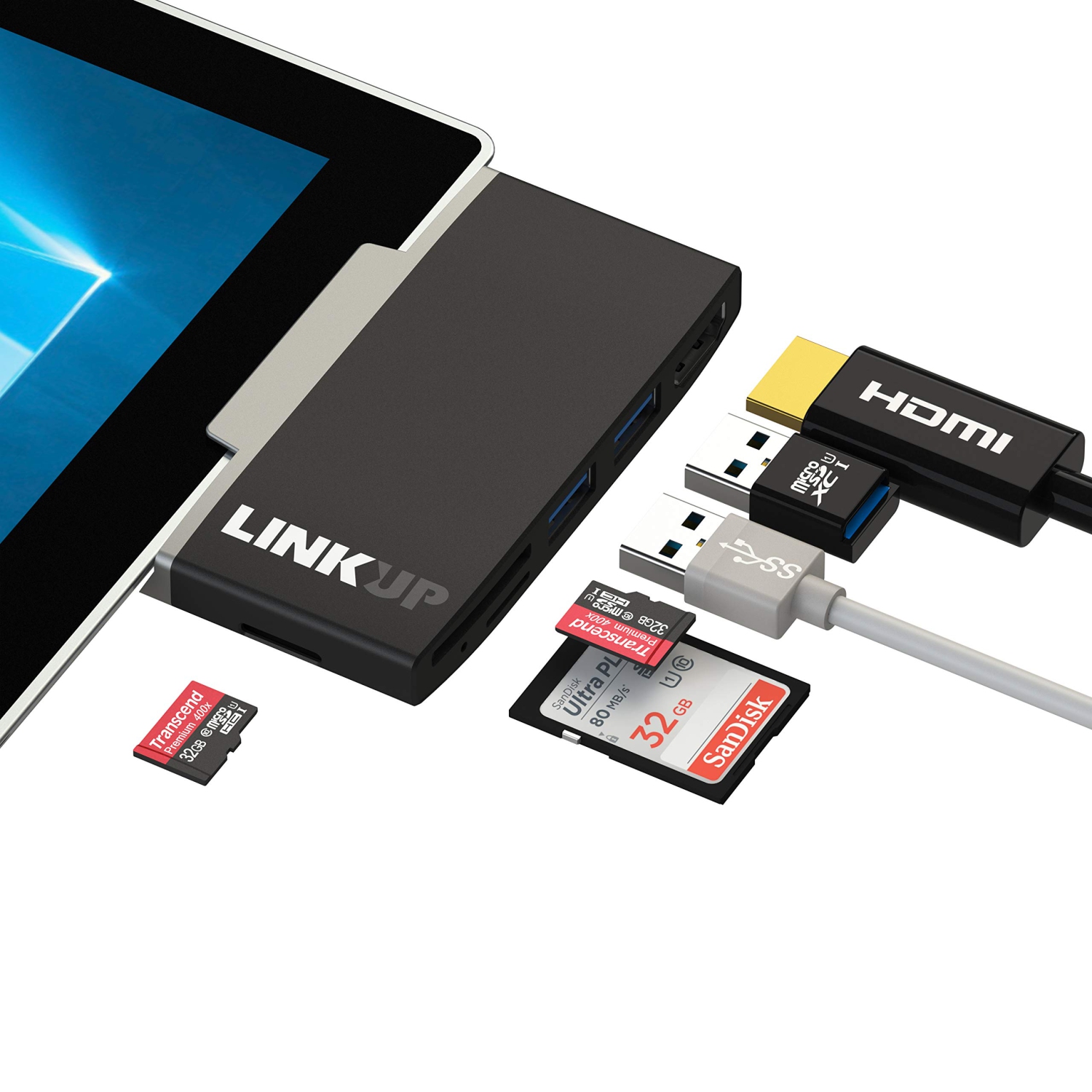 LINKUP - Microsoft Surface GO Compatible Docking Station HDMI USB C Dock | 6-in-1 SDXC Card Reader Hub | HDMI 4K 2xUSB-A 3.0