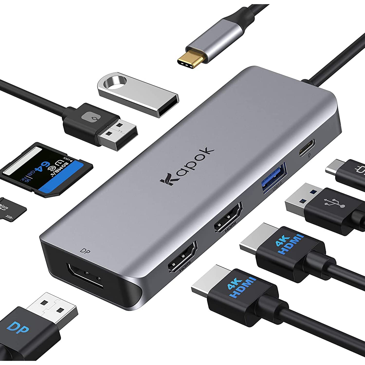 Compact USB C Hub/Docking Station with Dual HDMI, Display Port, 3xUSB, Type C, SD/TF Reader for Dell, HP , Surface , Lenovo & More