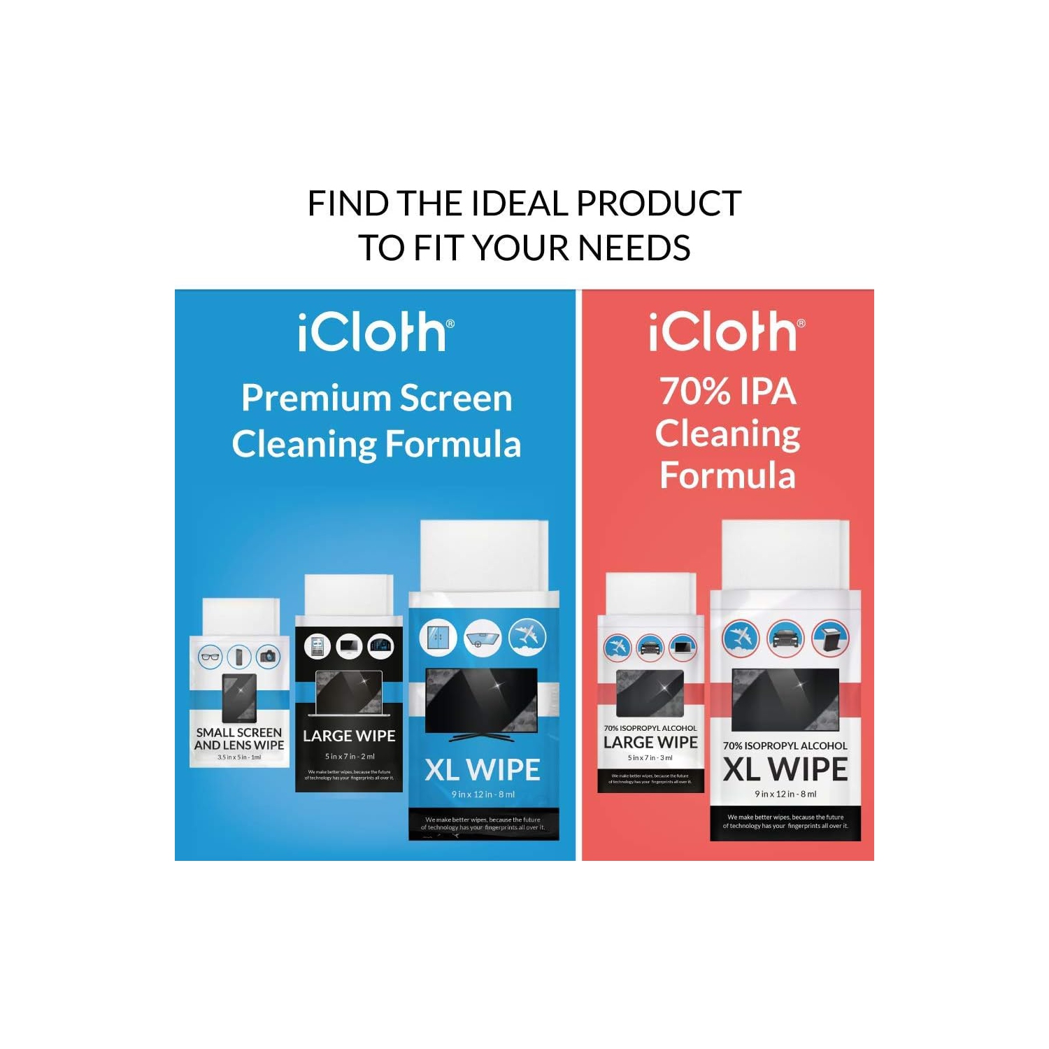 ICloth - Très grands lingettes humides de qualité professionnelle pour écrans de télévision et moniteurs, 1 lingette nettoie plusieurs écrans plats