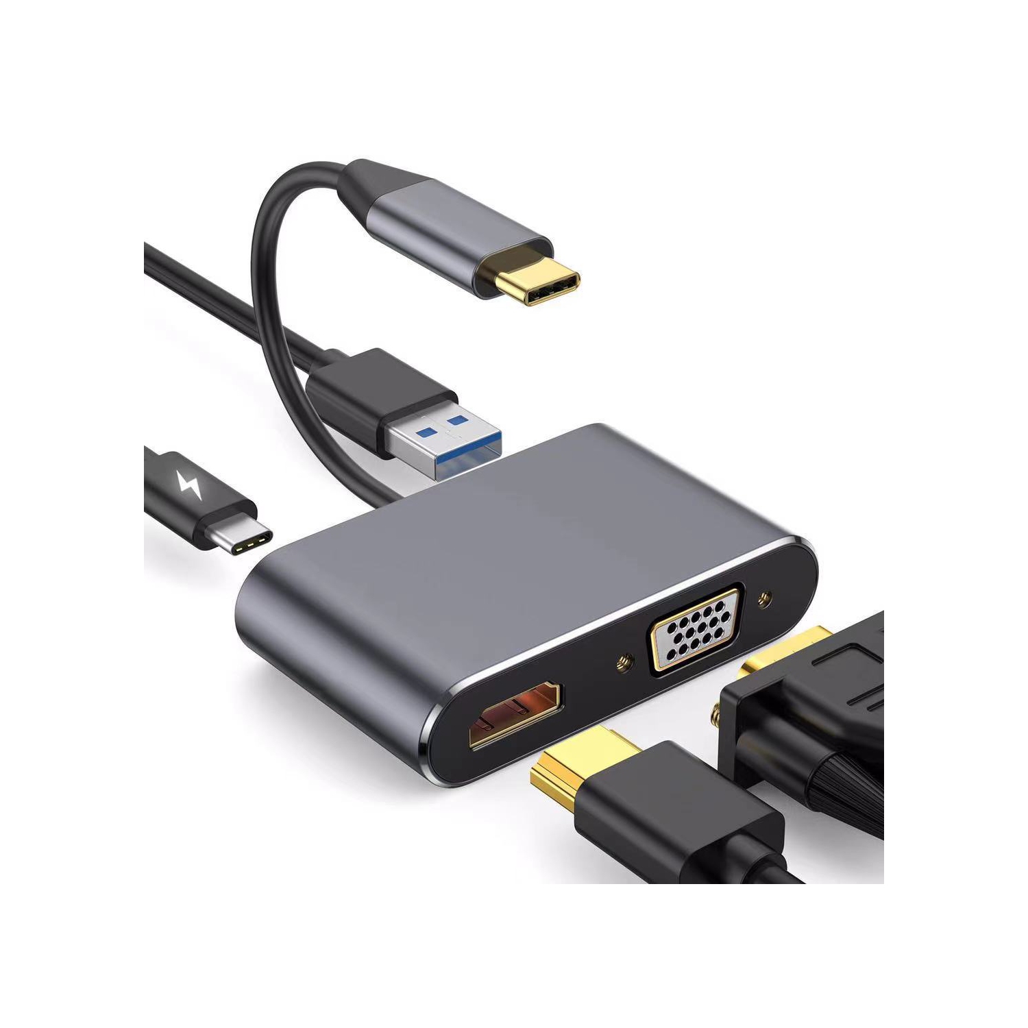 Adaptateur USB-C à VGA HDMI, port Thunderbolt 3/4 USB-C 3.0 à HDMI 4K VGA USB-C USB 3.0 PD chargement Multiport publicité sur concentrateur