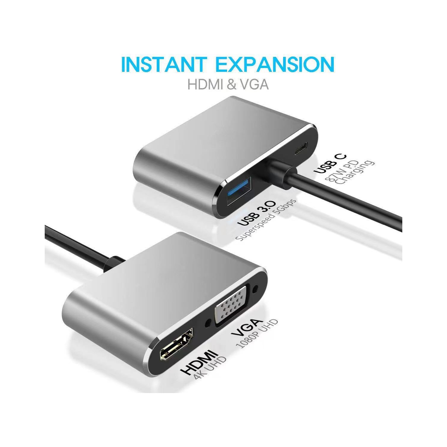 Adaptateur USB-C à VGA HDMI, port Thunderbolt 3/4 USB-C 3.0 à HDMI 4K VGA USB-C USB 3.0 PD chargement Multiport publicité sur concentrateur