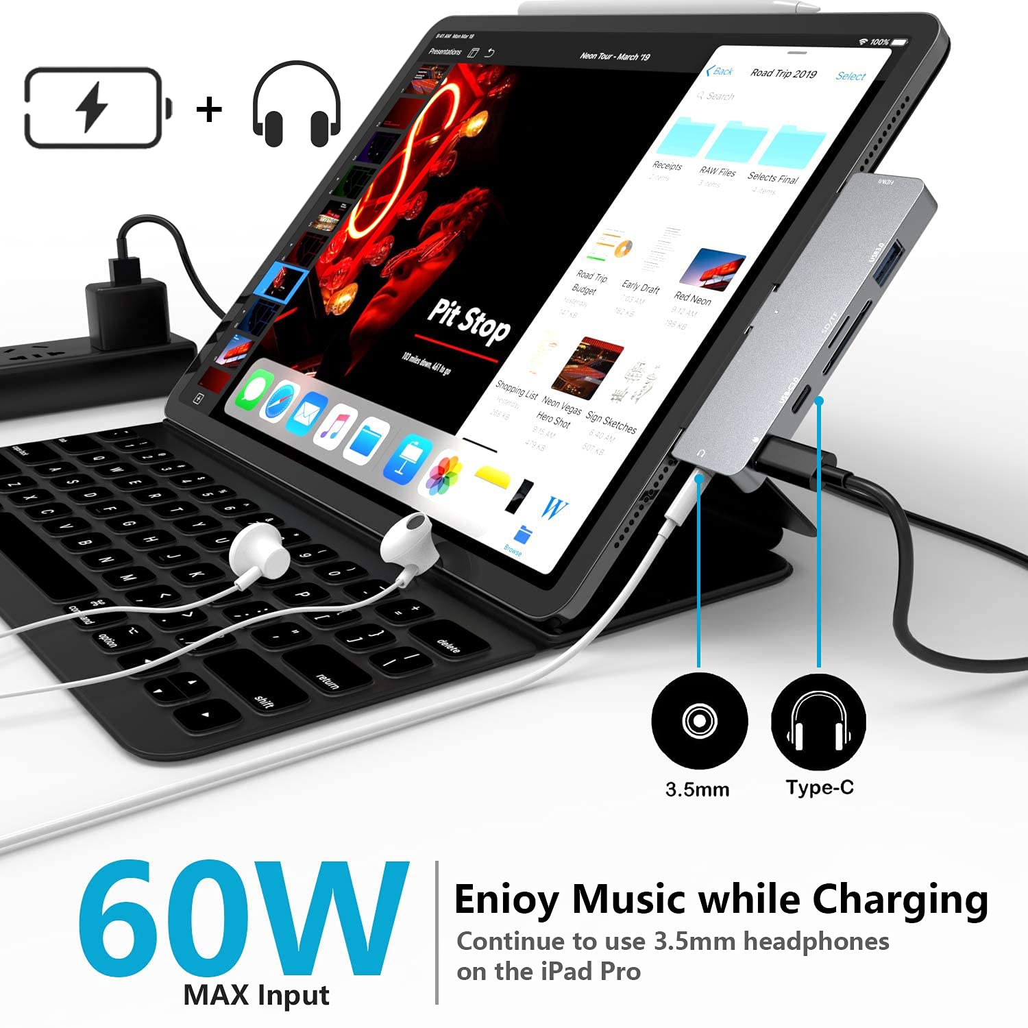 Concentrateur USB-C pour iPad Pro 2018/2020/11/12.9, adaptateur iPad Pro 4,7-en-1 avec HDMI 4K, prise pour écouteurs 3,5 mm, USB 3.0, USB C P