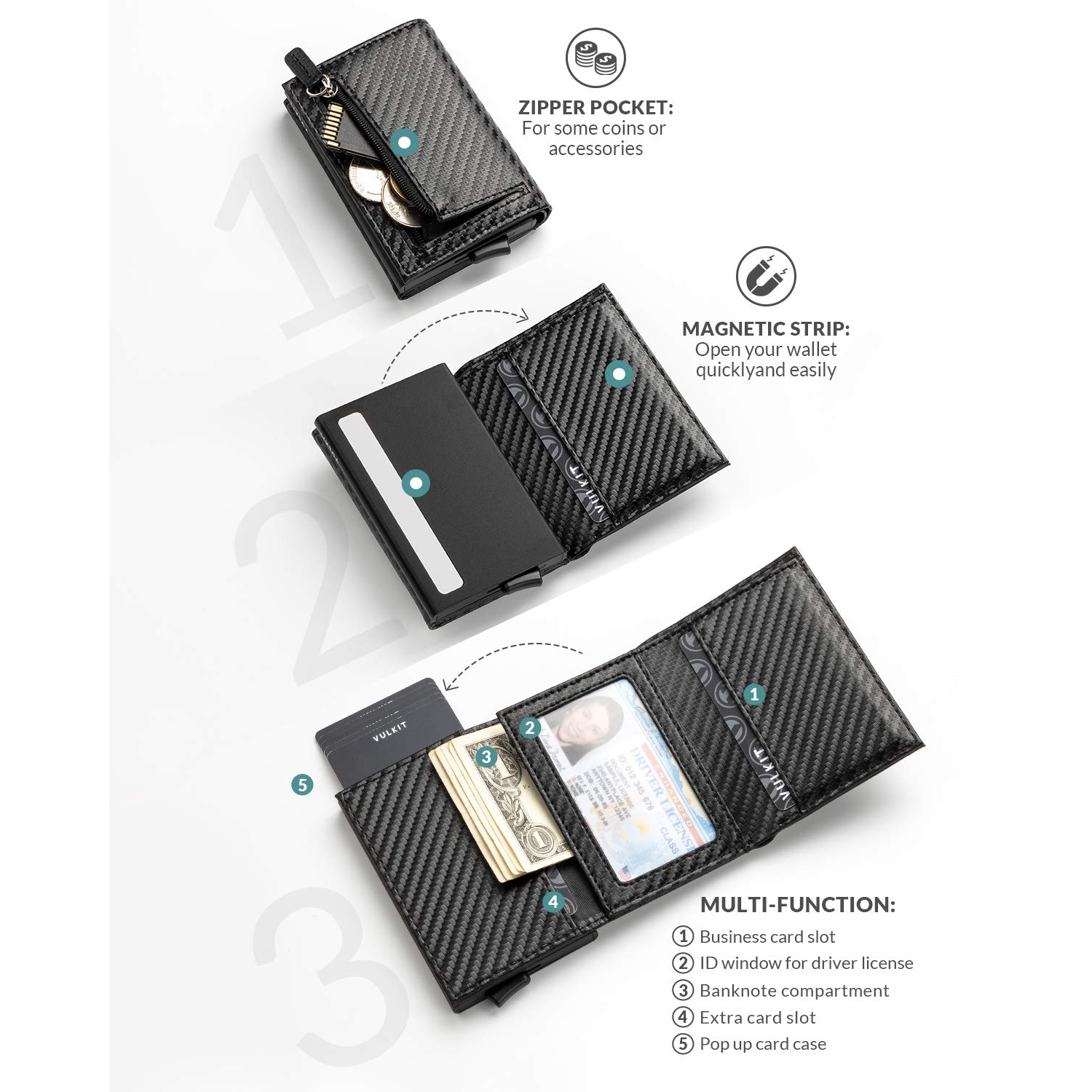 VULKIT Pop up Wallet, RFID Blocking Genuine Leather Credit Card Wallet with Banknote Compartment, ID Window & Coin Pocket (C