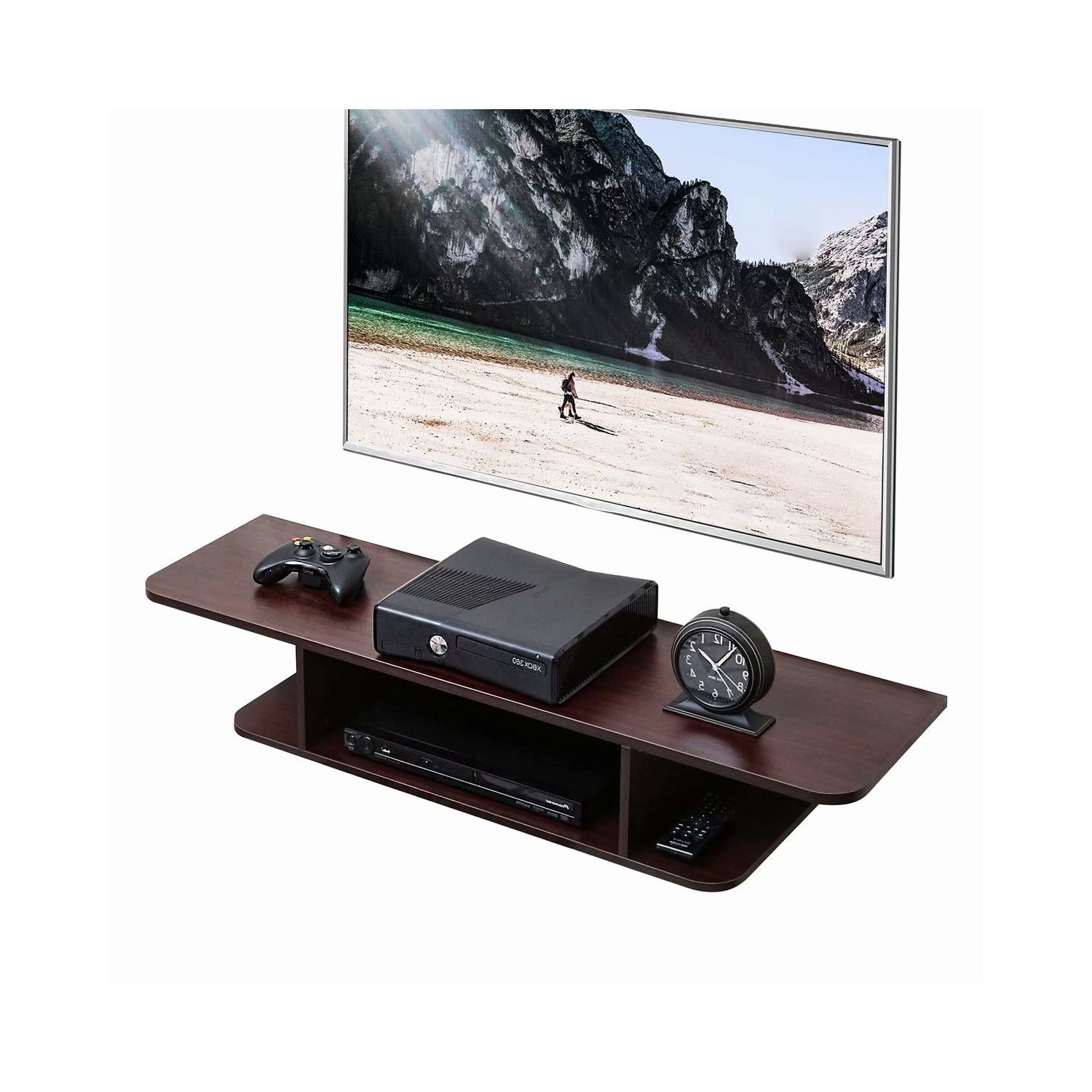 Meuble multimédia mural pour téléviseur FITUEYES pour téléviseur mesurant jusqu’à 55 po, tablette audio-vidéo de rangement de divertissement, noyer