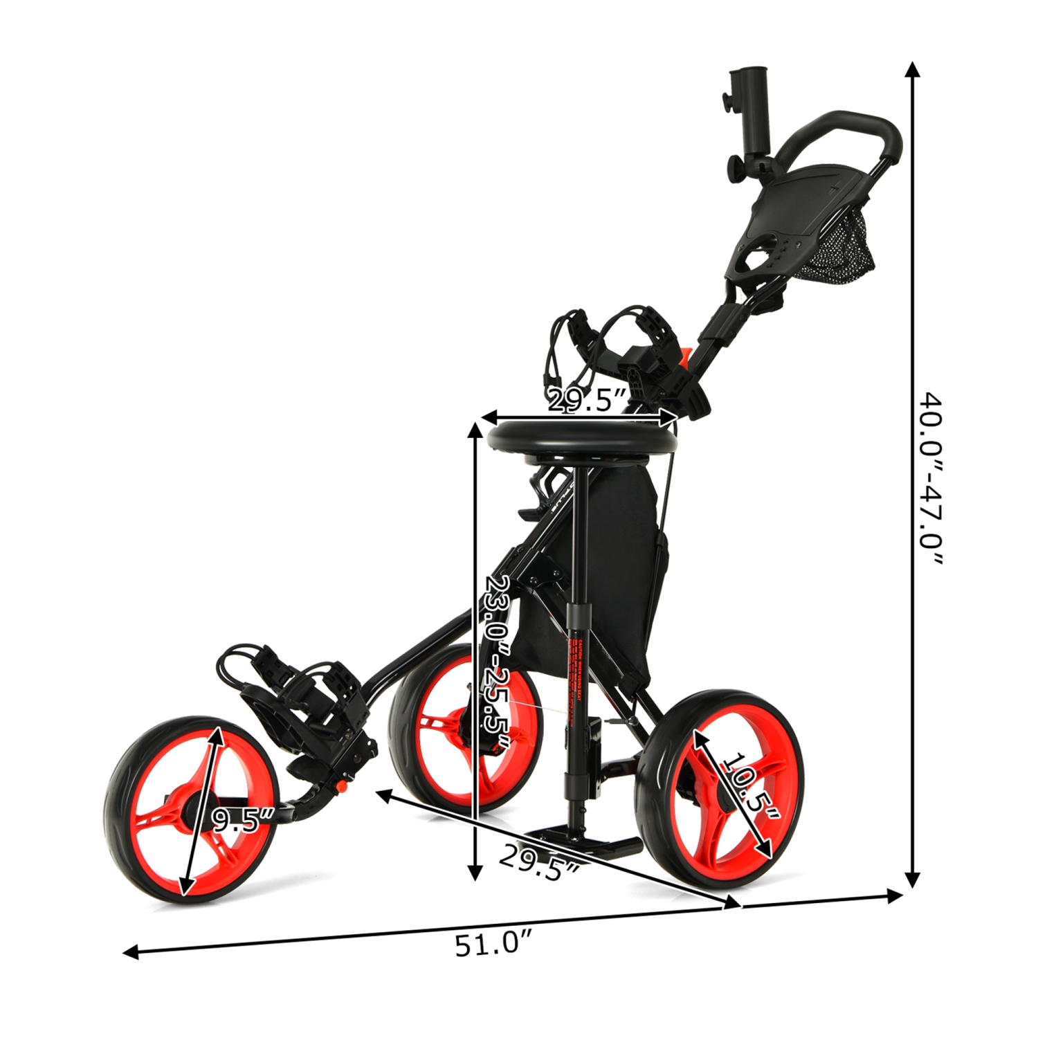 Chariot de golf repliable à 3 roues avec poignée réglable et poignée de siège de Gymax