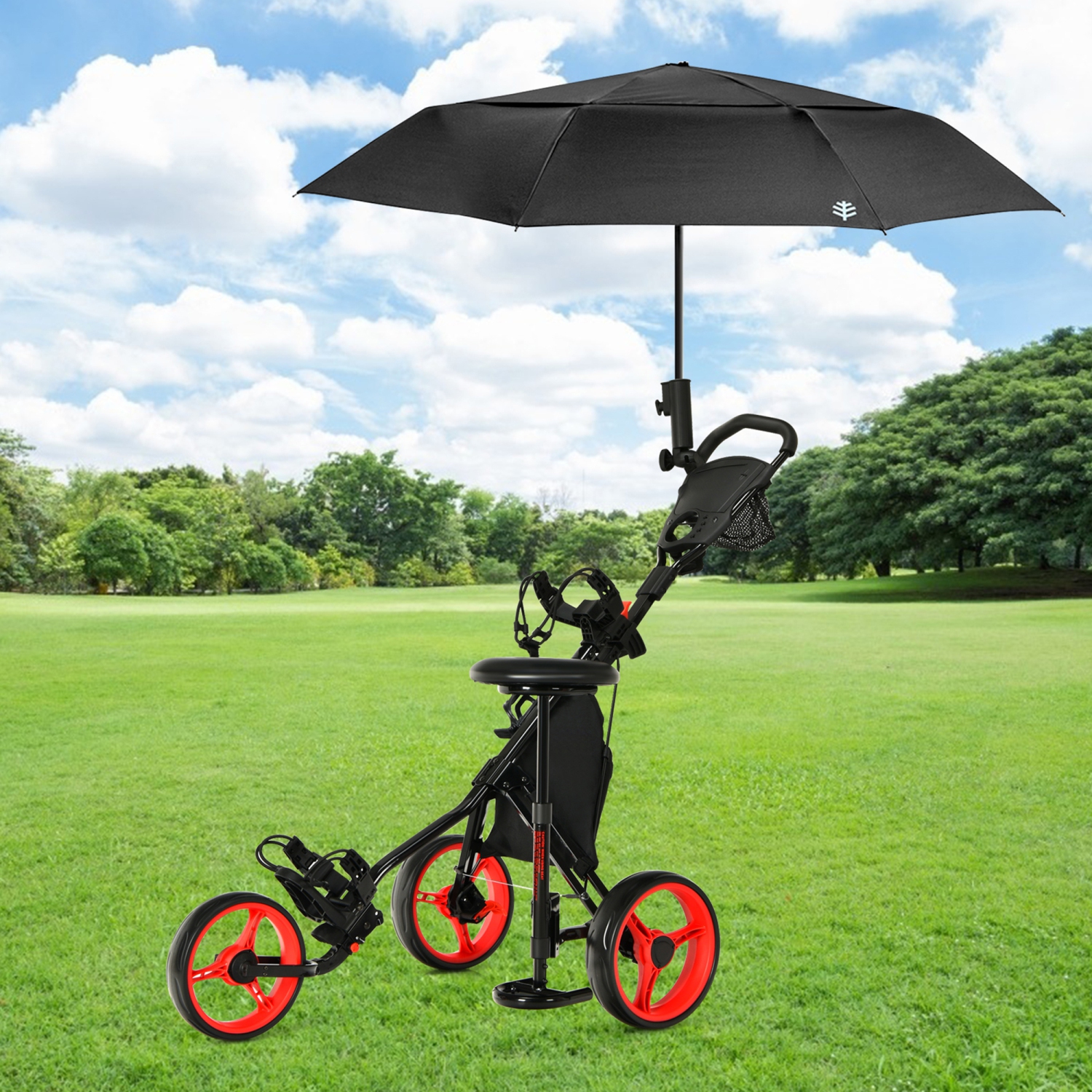 Gymax 3-Wheel Foldable Golf Push Pull Cart Trolley w/ Seat