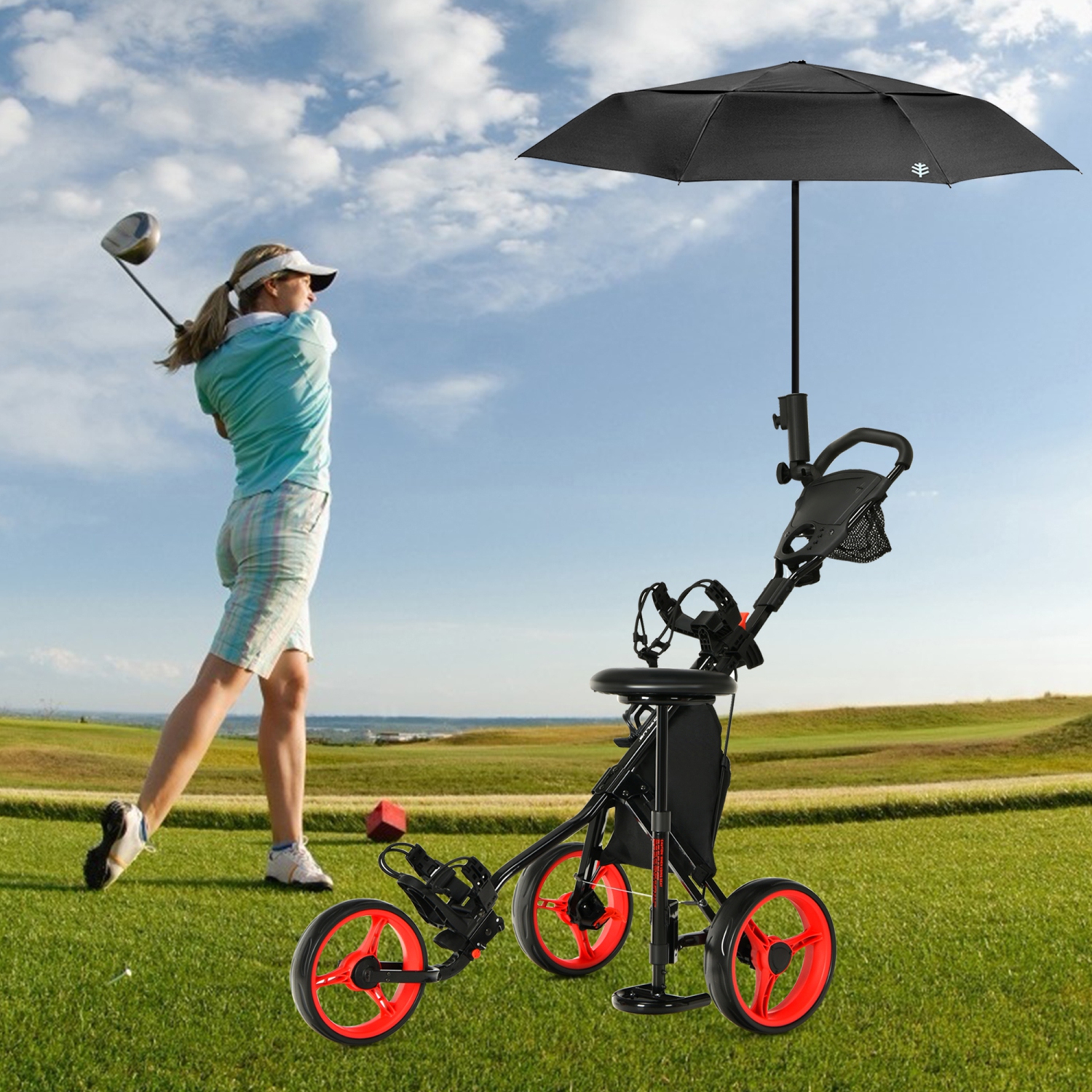 Gymax 3-Wheel Foldable Golf Push Pull Cart Trolley w/ Seat