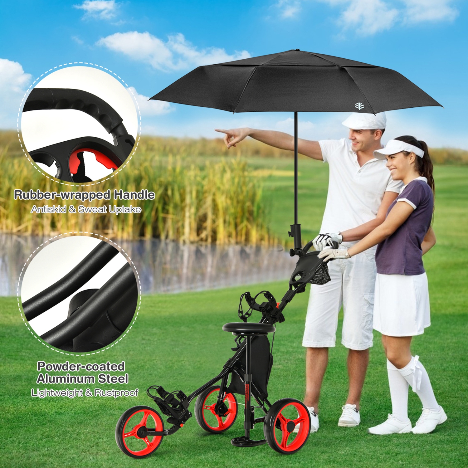 Chariot de golf repliable à 3 roues avec poignée réglable et poignée de siège de Gymax