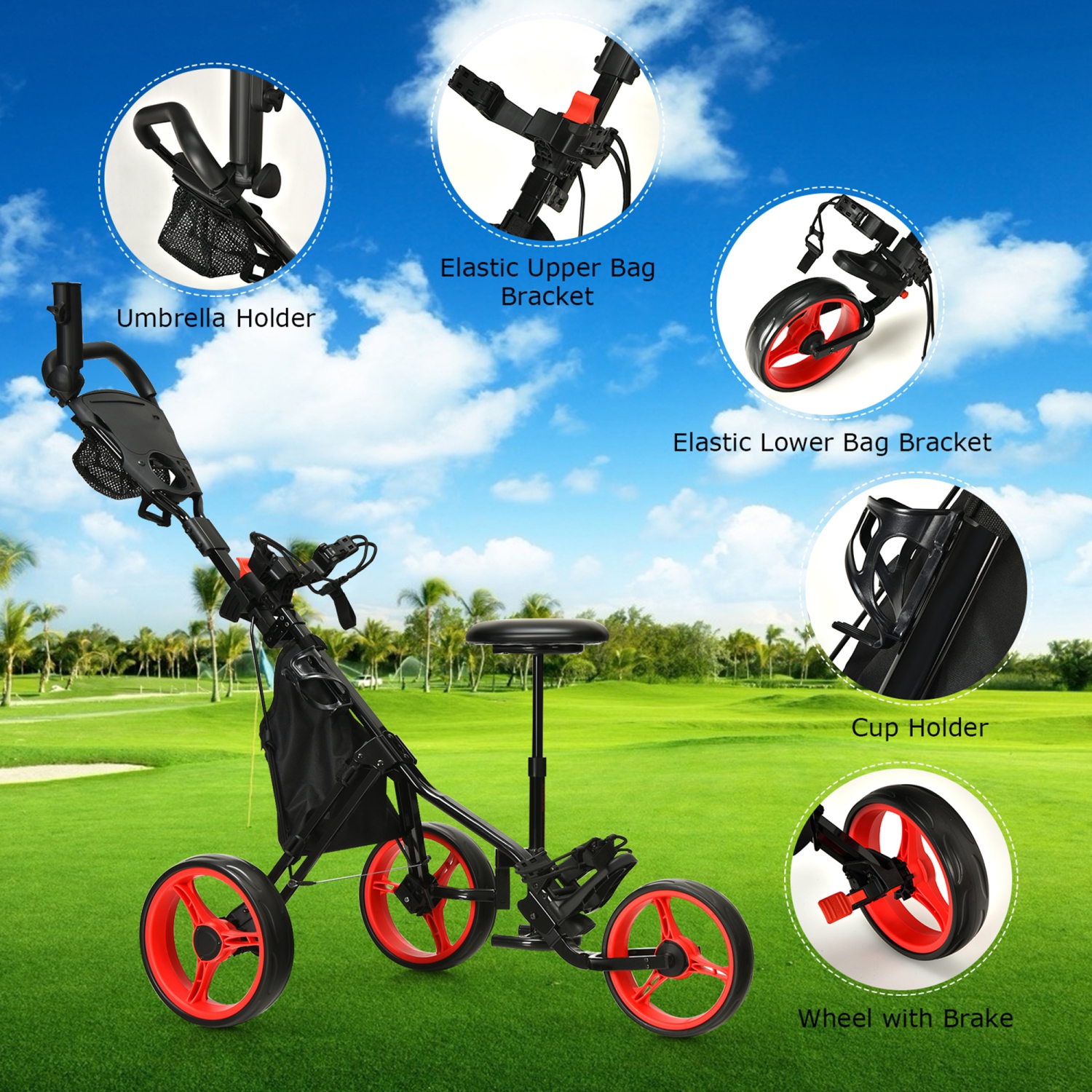 Chariot de golf repliable à 3 roues avec poignée réglable et poignée de siège de Gymax