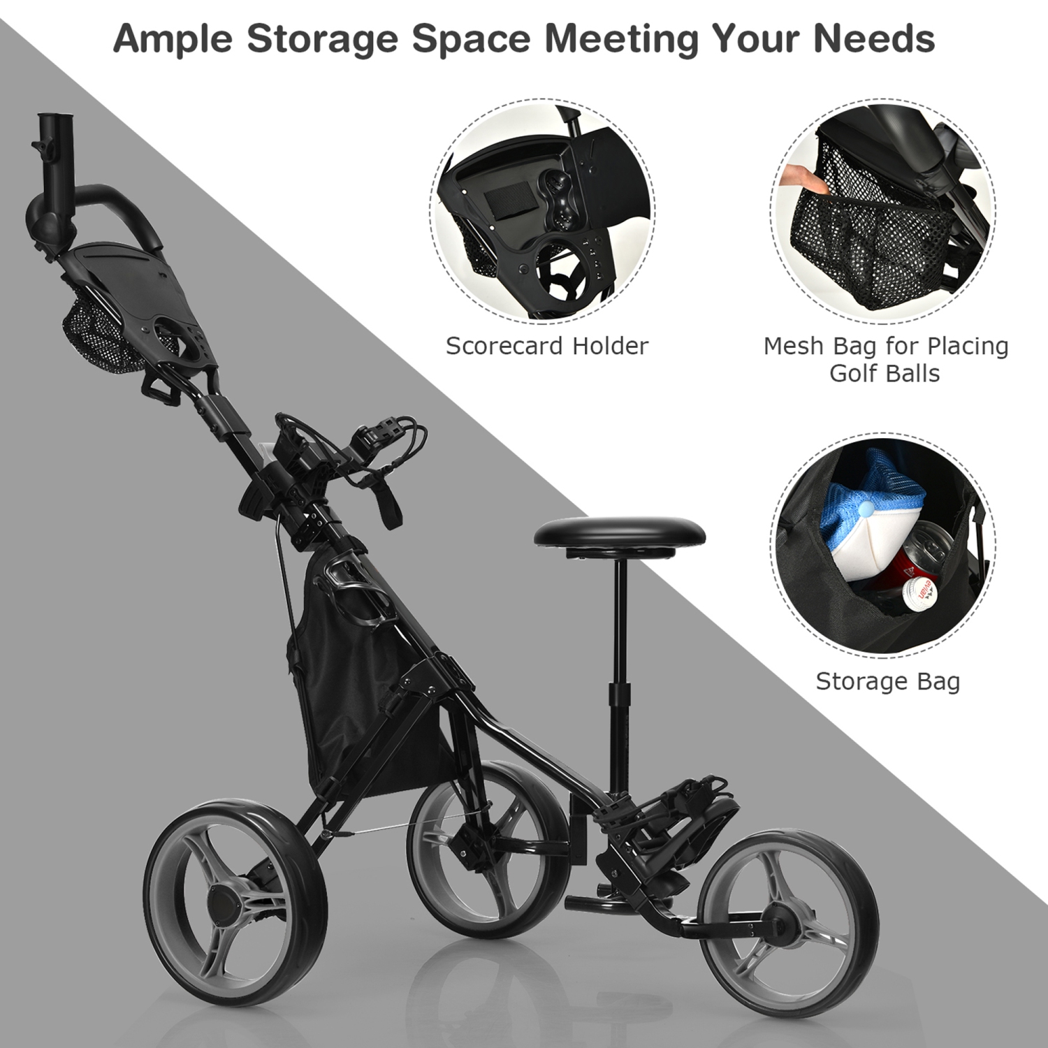 Gymax 3-Wheel Foldable Golf Push Pull Cart Trolley w/ Seat Adjustable Handle